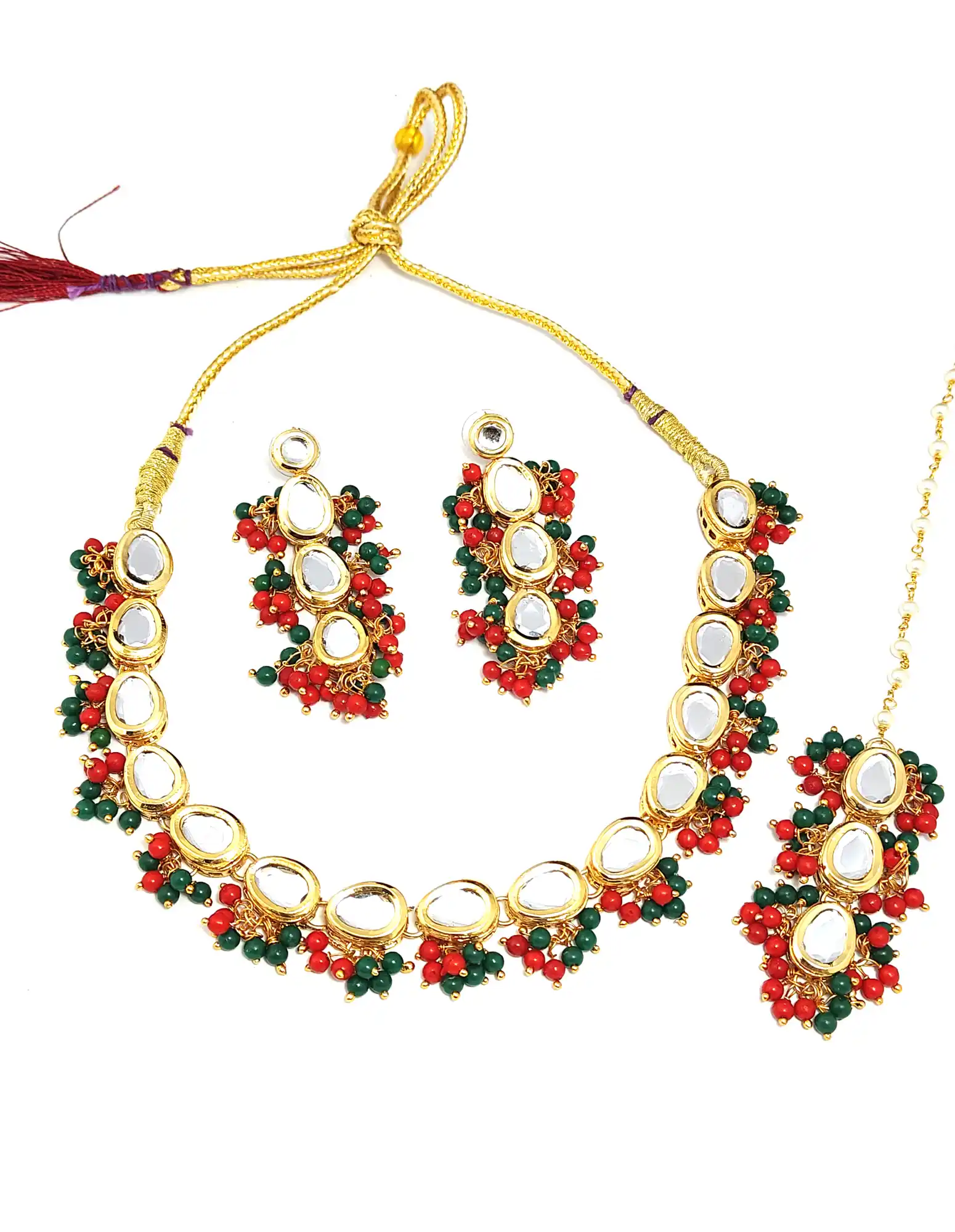Red Green Emerald Kundan Set - Main View - Multicolor Emerald Kundan Neckalce Set - Image 3