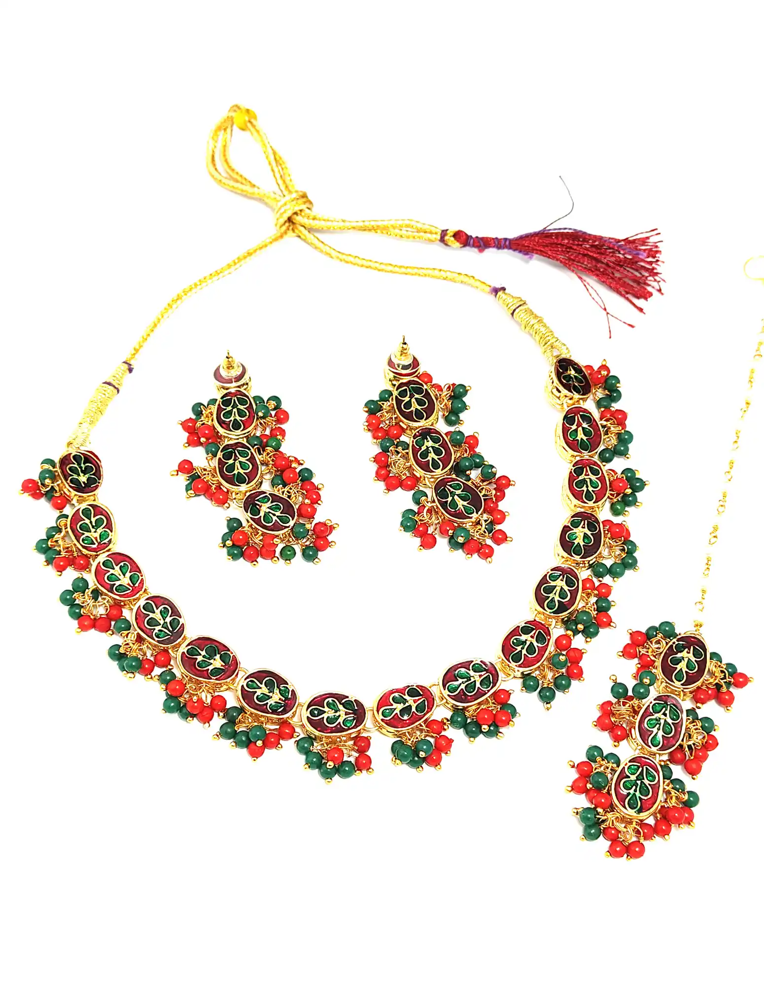 Back view of Red Green Emerald Kundan Set - Multicolor Emerald Kundan Neckalce Set - Image 4