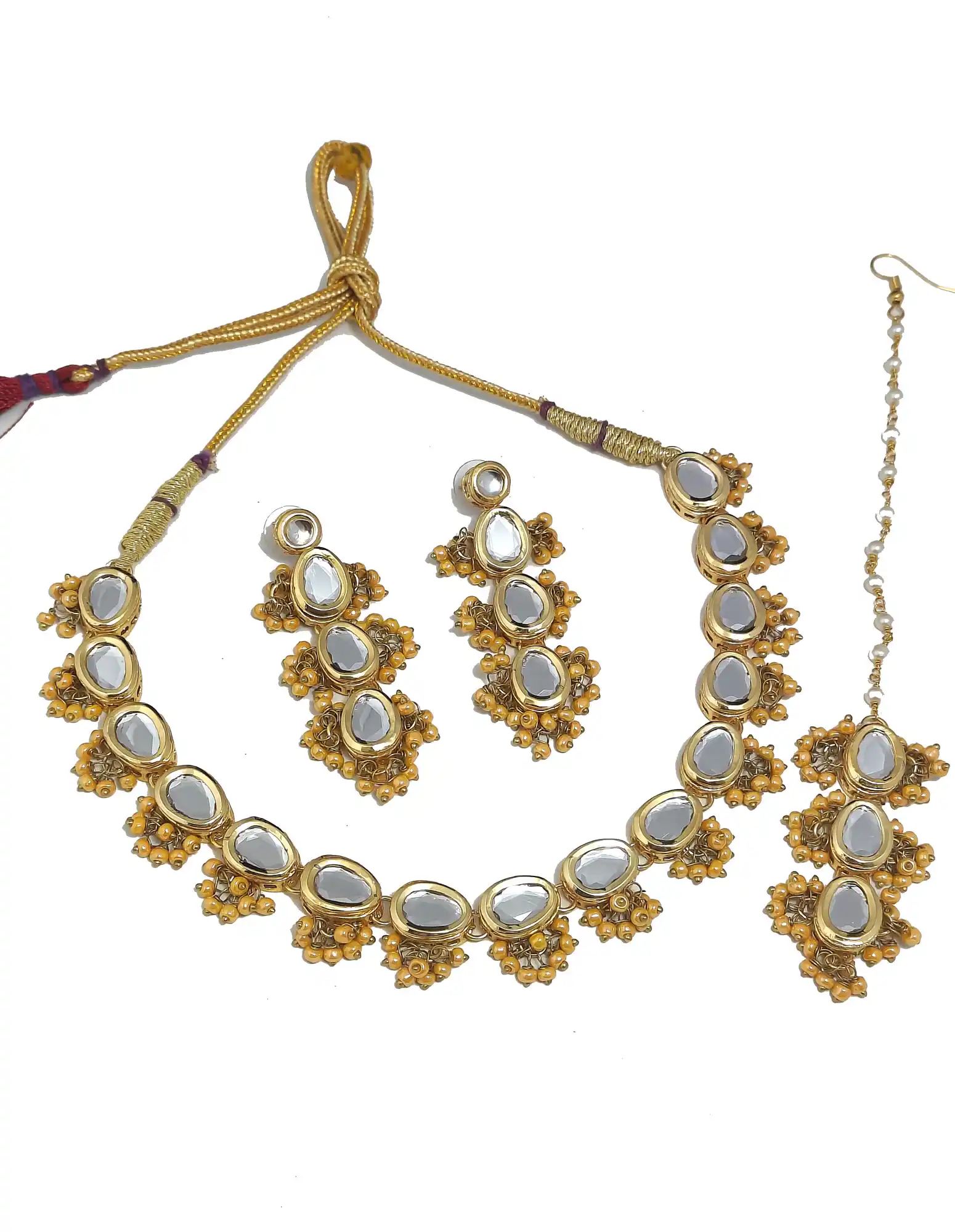 Main View Yellow Beaded Kundan Neckalce - Yellow Yellow Kundan Necklace Set - Image 3