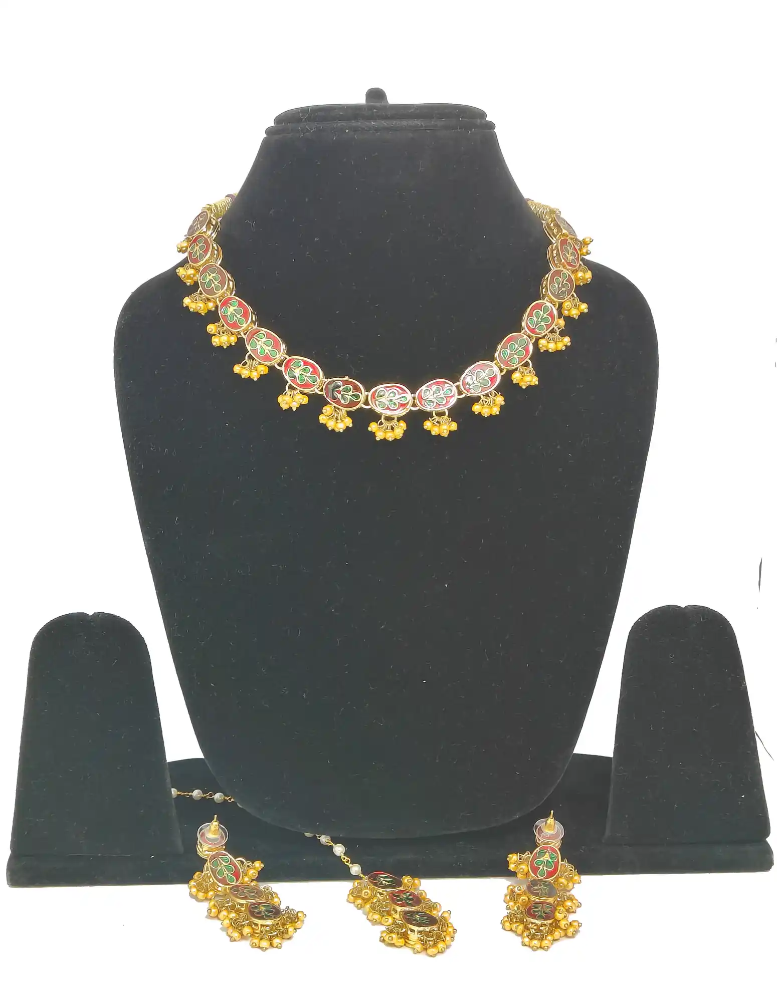 Back View of Yellow Beaded Kundan Neckalce - Yellow Yellow Kundan Necklace Set - Image 4