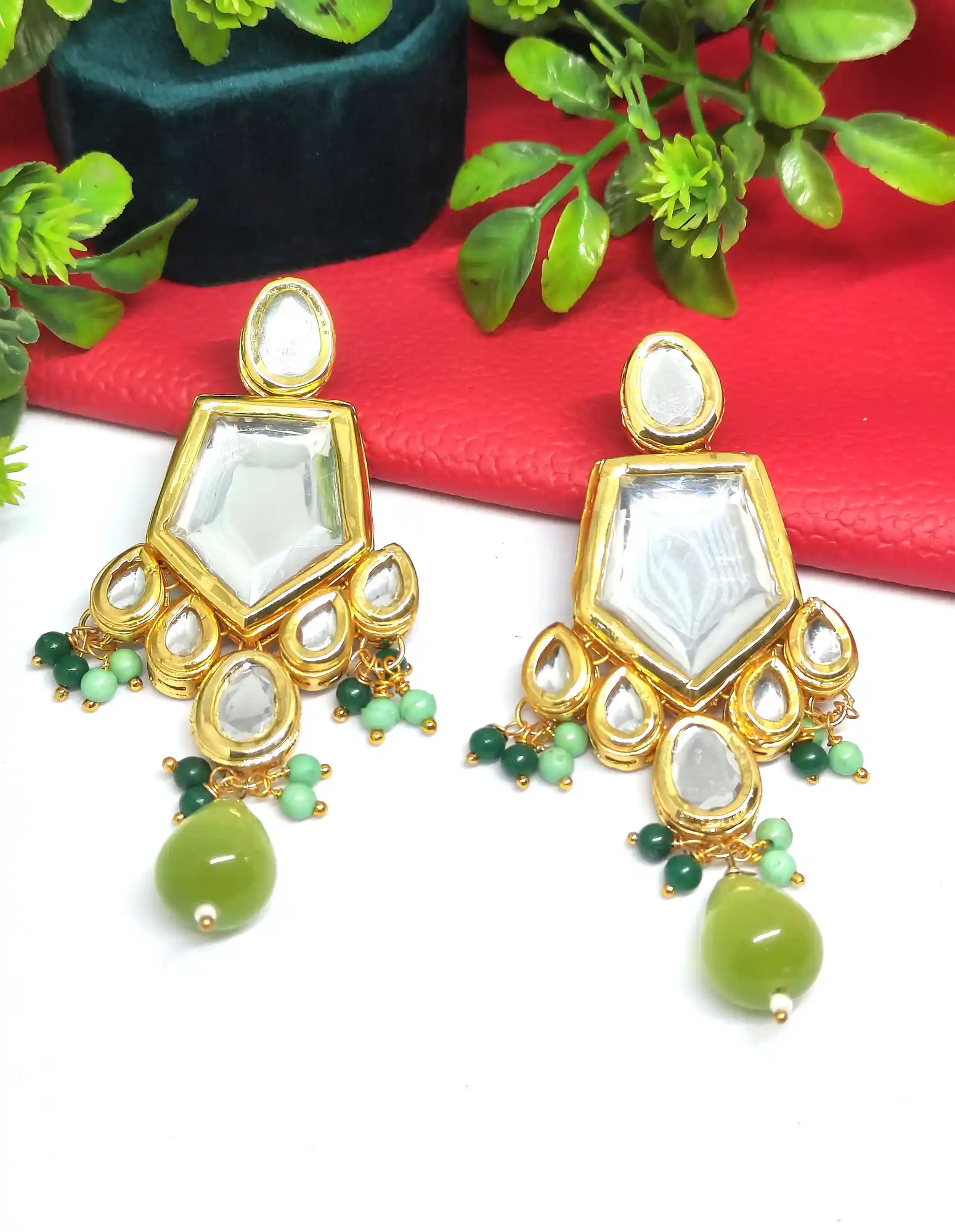 Mint Green Monalisa Stone Meenakari Kundan Earring