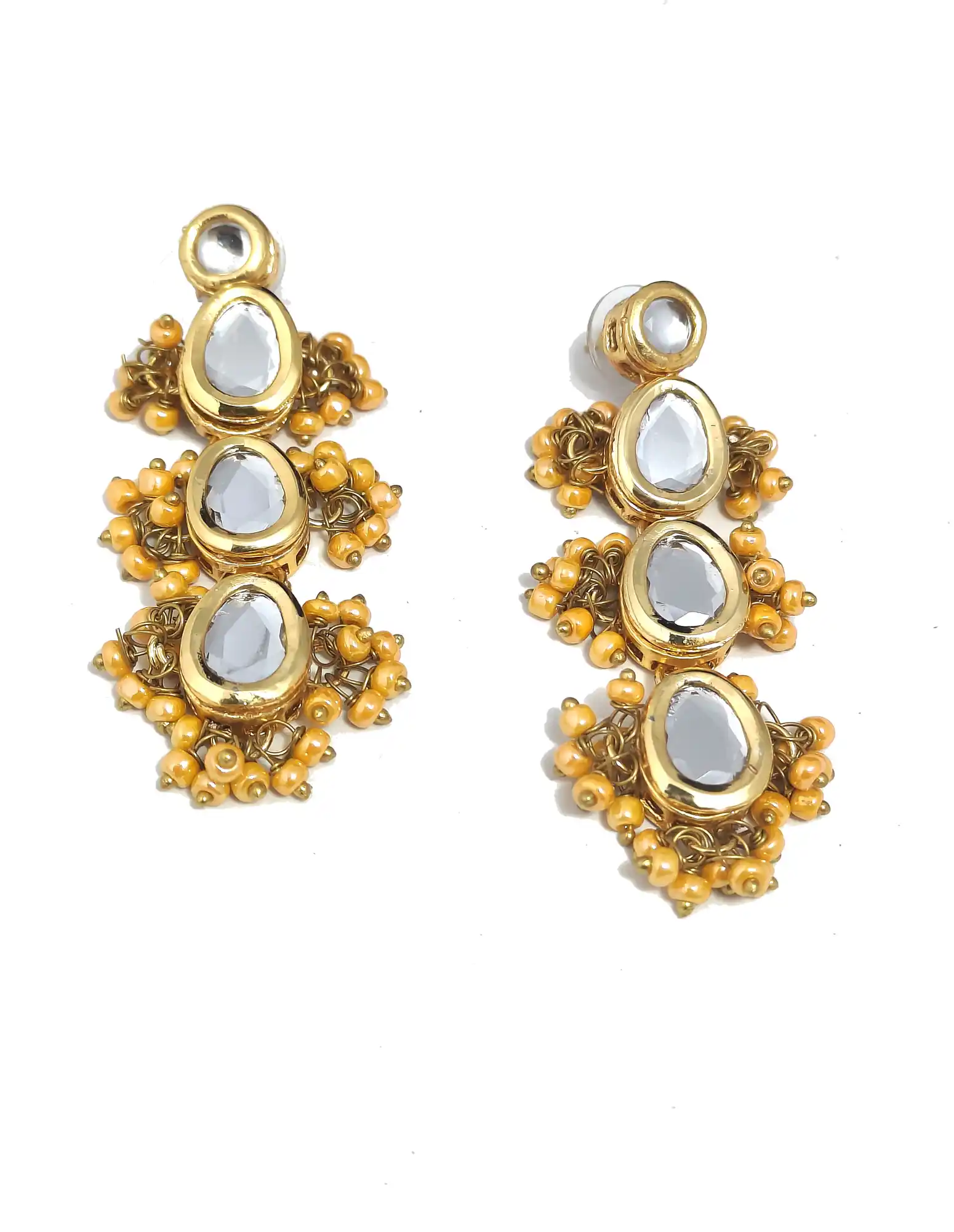 Golden Polki Kundan Earrings for Women - Front