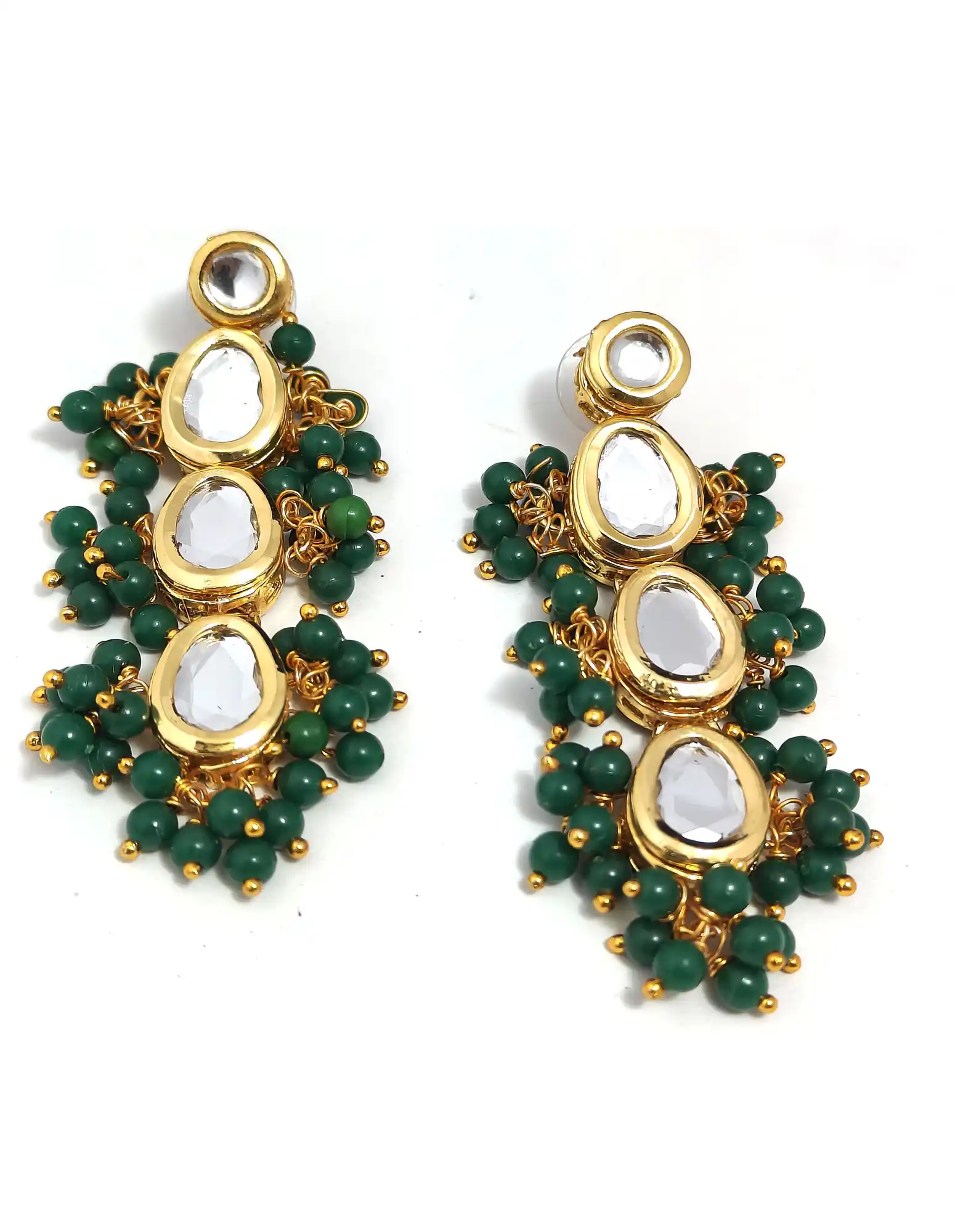 Drop Shape Green Polki Kundan Earrings