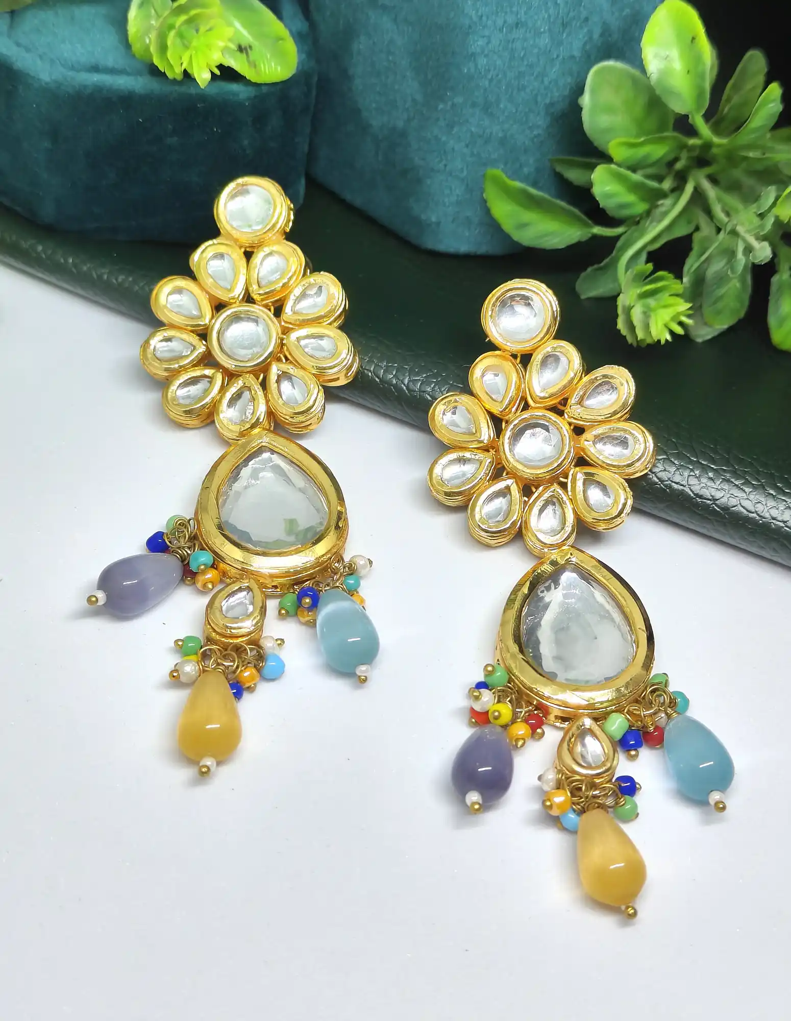 Flower Design Monalisa Stone Kundan Earring
