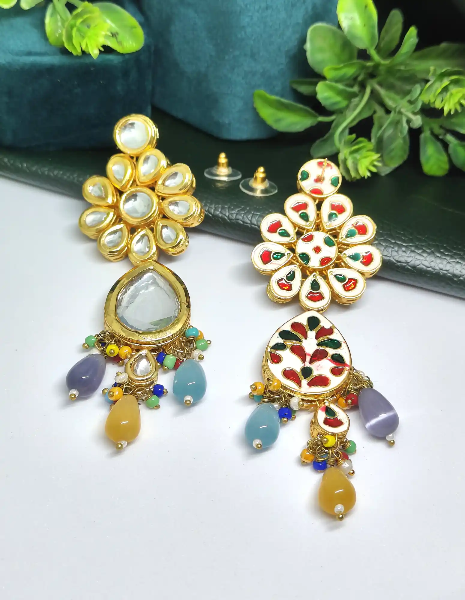 Flower Design Monalisa Stone Kundan Earring - Back