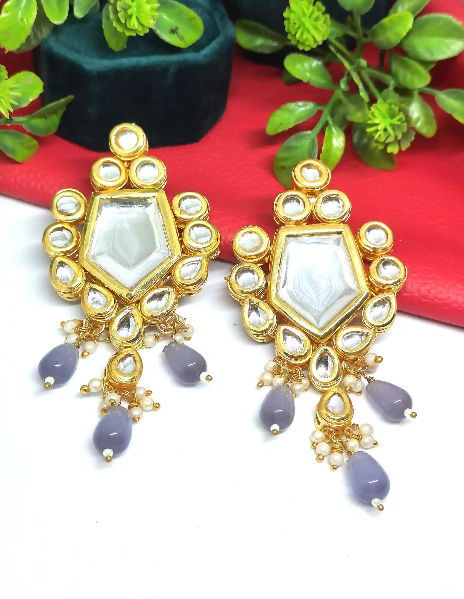 Grey Monalisa Stone & Meenakari Kundan Earring