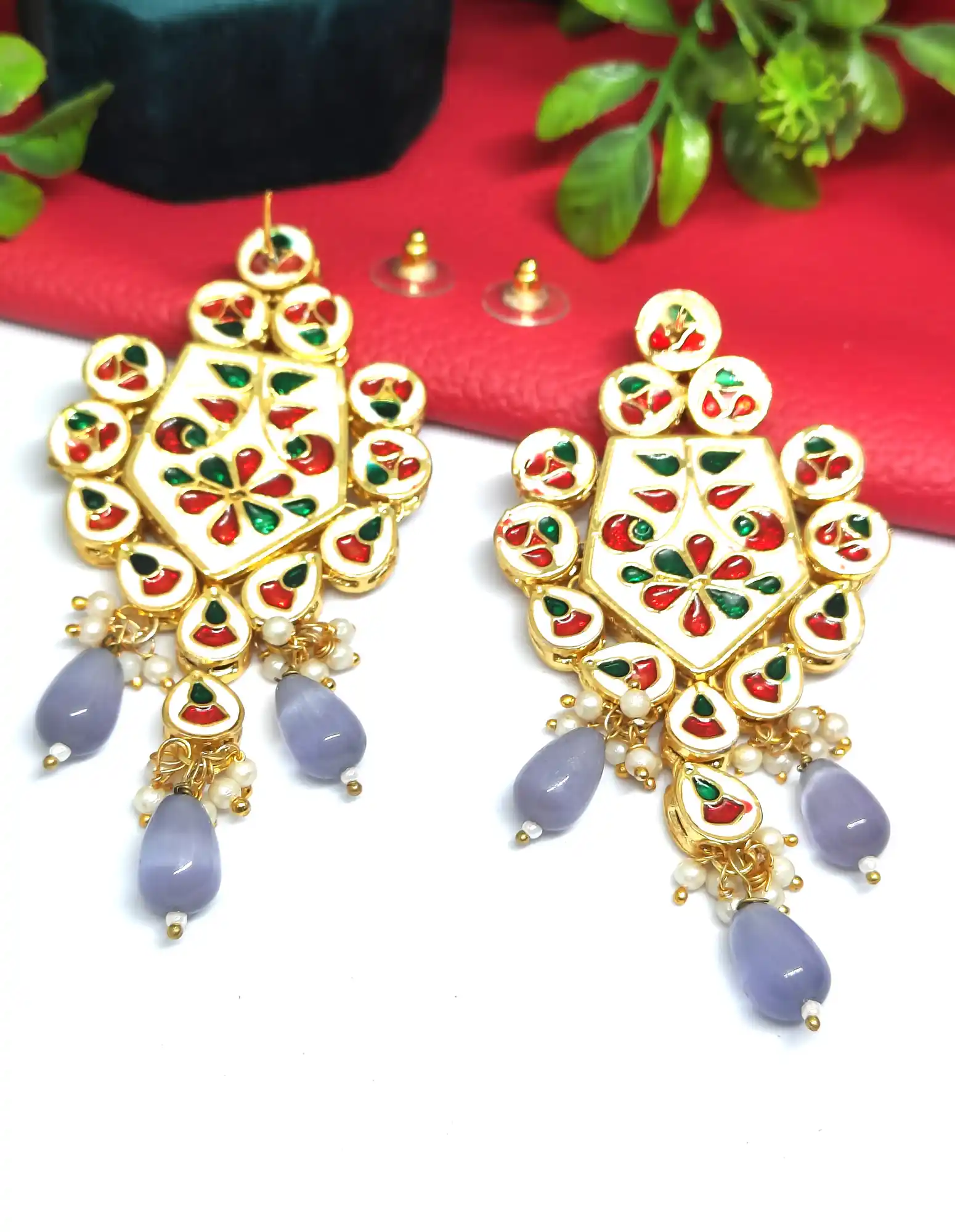 Back Side Grey Monalisa Stone & Meenakari Earring