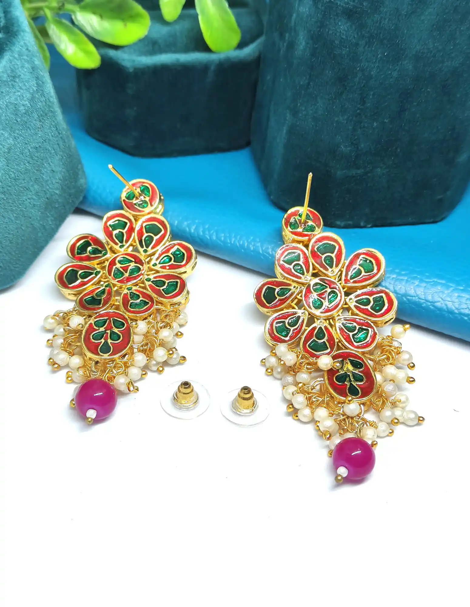 Magenta Pearls White Beaded Kundan Earring-Back