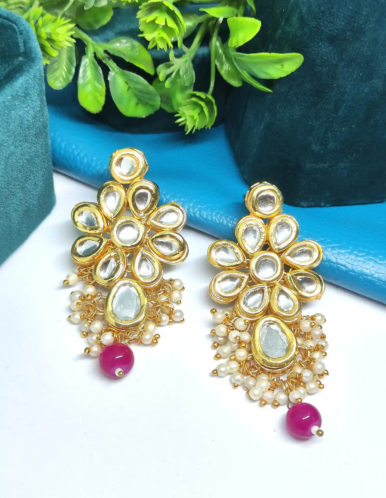 Magenta Pearls White Beaded Kundan Earring