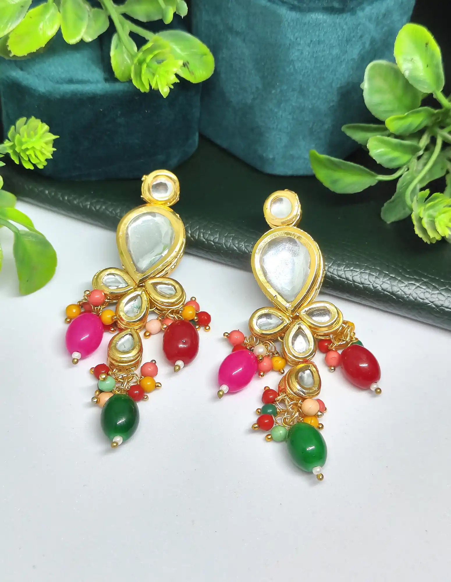 Multicolor Pearls and Beads Kundan Earrings