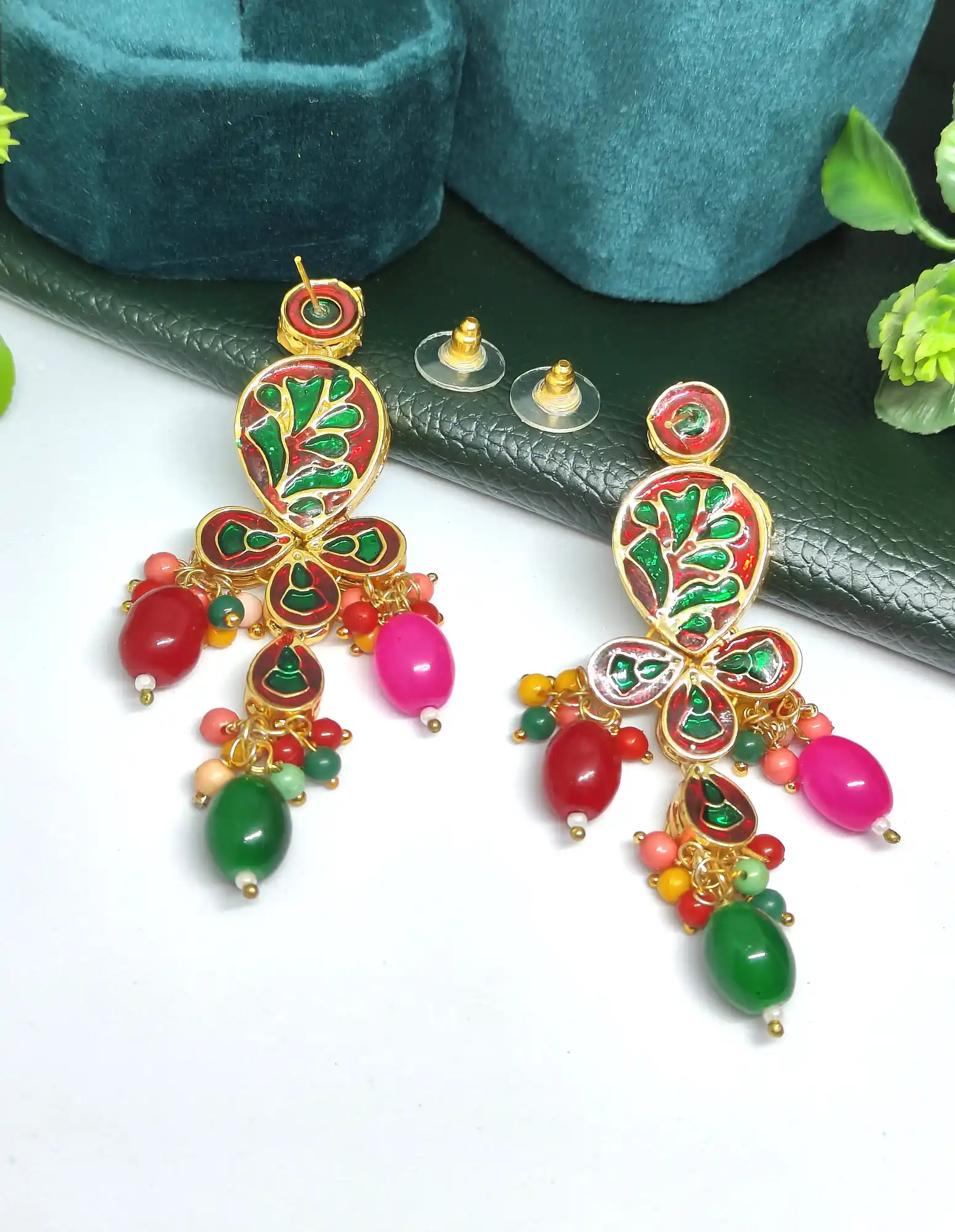 Multicolor Pearls and Beads Kundan Earrings-Back