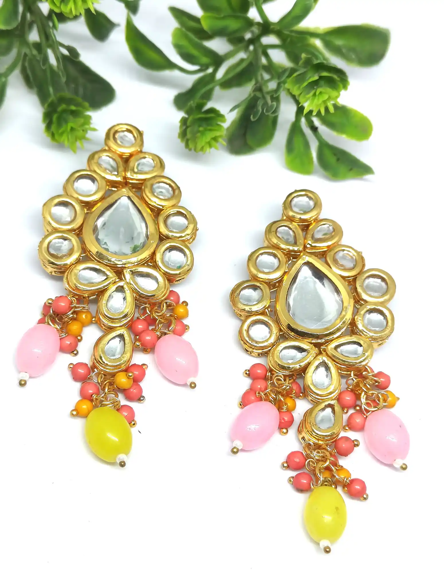Pink & Yellow Drop Meenakari Kundan Earrings