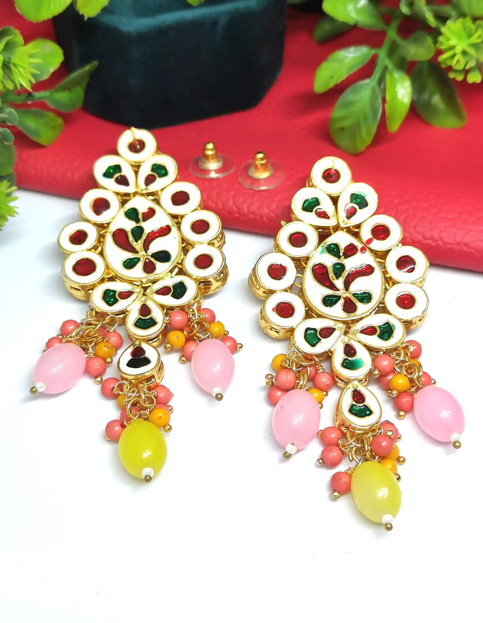 Pink & Yellow Drop Meenakari Kundan Earrings-back