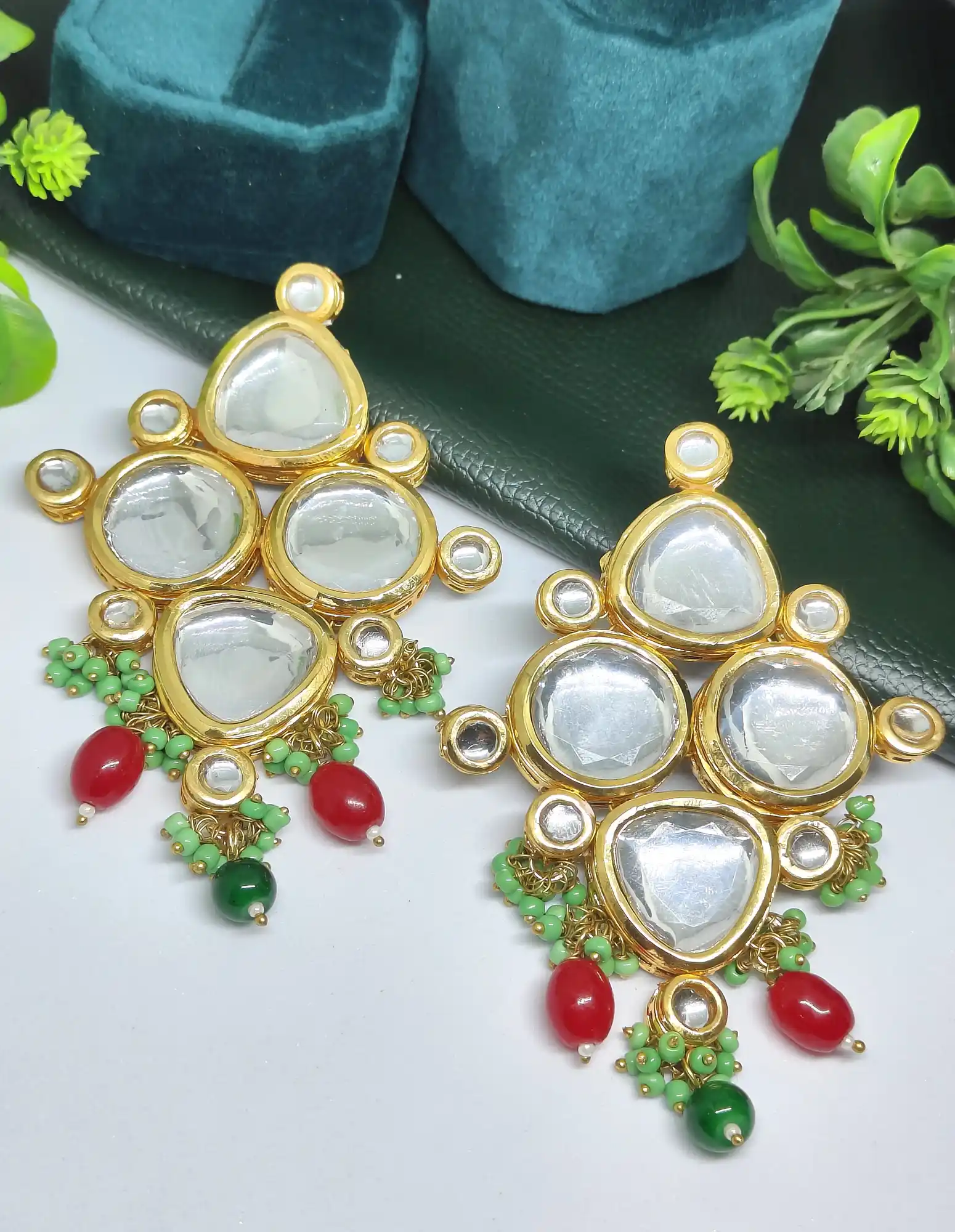 Front View of Red Green Beaded Kundan Earring