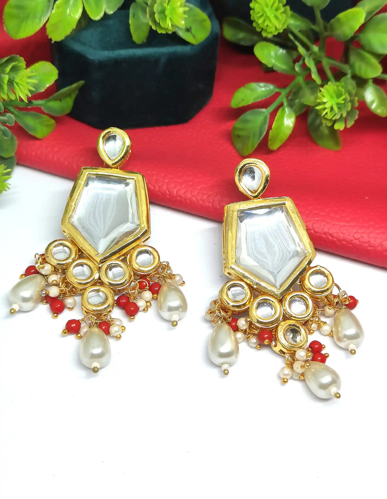 White Drop Meenakari Kundan Earring - Front View