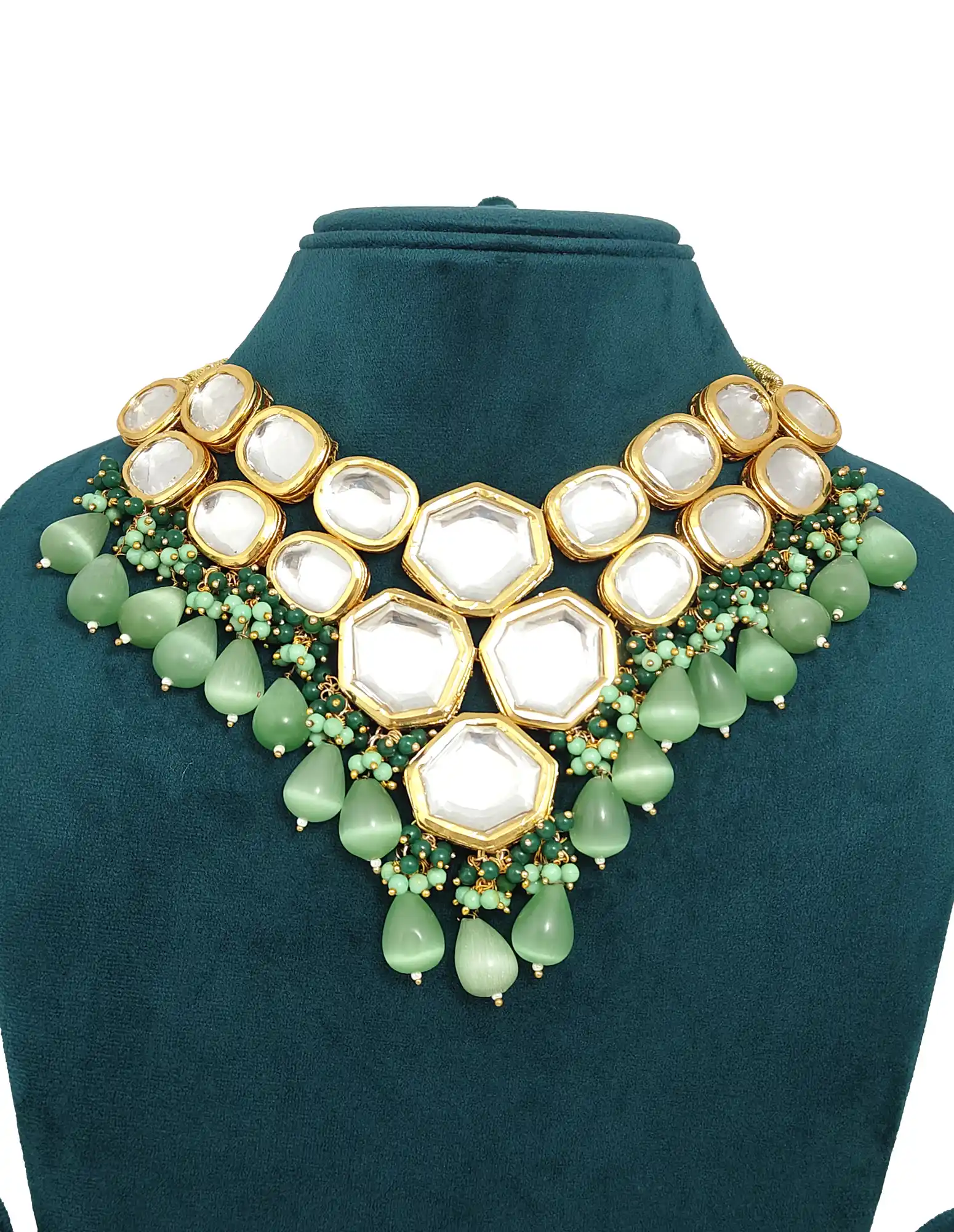 Front View of Mint Green Kundan Necklace Set - for jewellery making