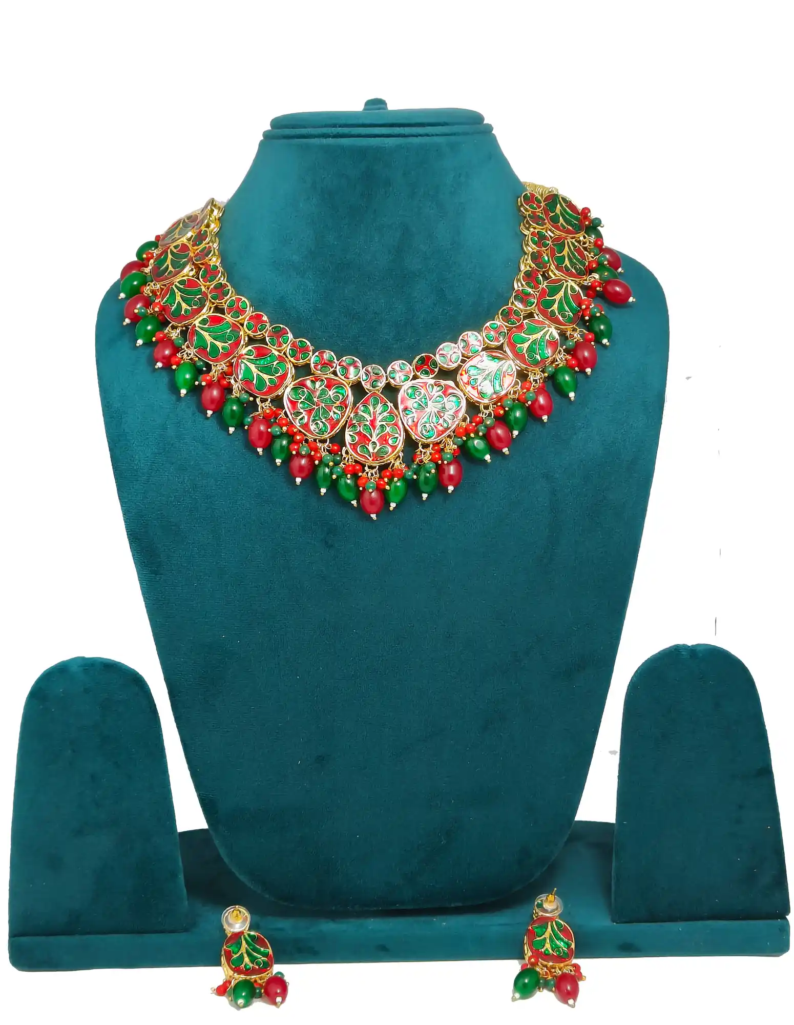 Red And Green Kundan Set with Earrings