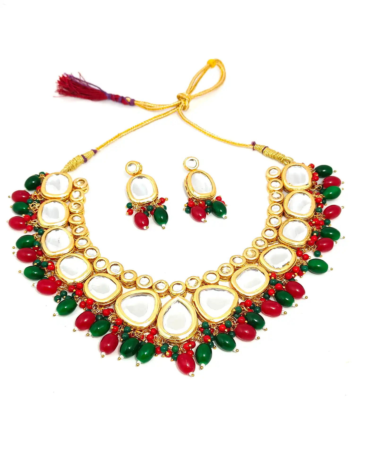 Red And Green Kundan Set with Earrings