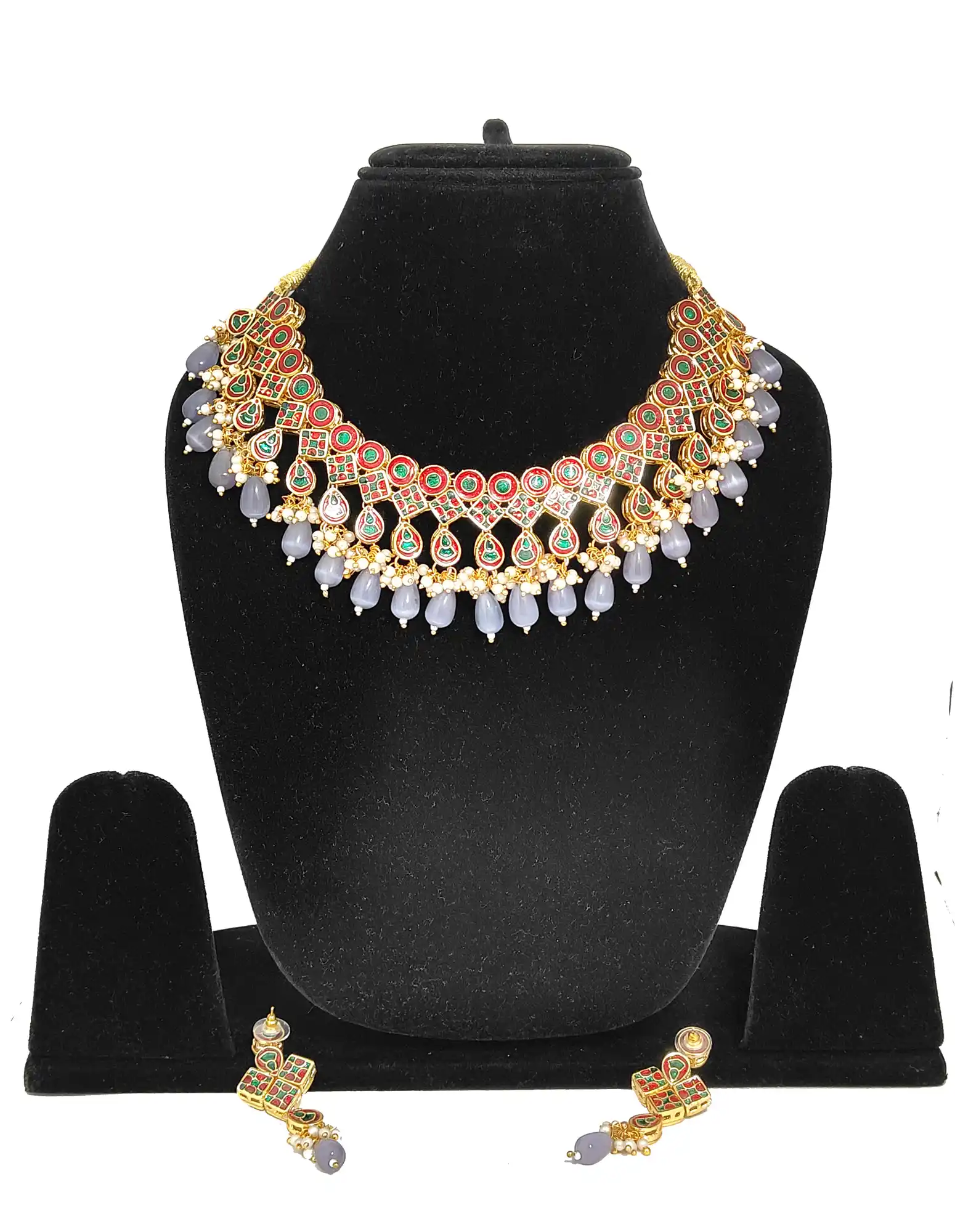 Black Grey Kundan Monalisa Kundan - Back View - Grey Kundan Monalisa Necklace Set - Image 3