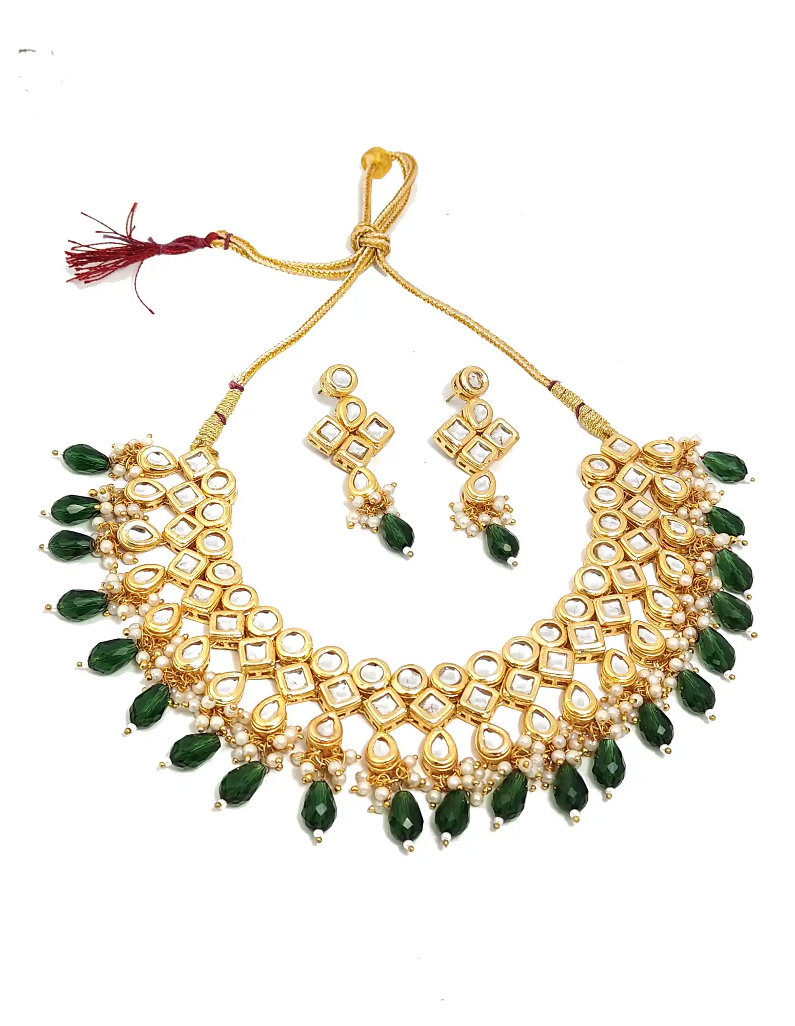 Front of Green Meenaakri Kundan Necklace Set - Green Kundan Necklace Set - Image 4