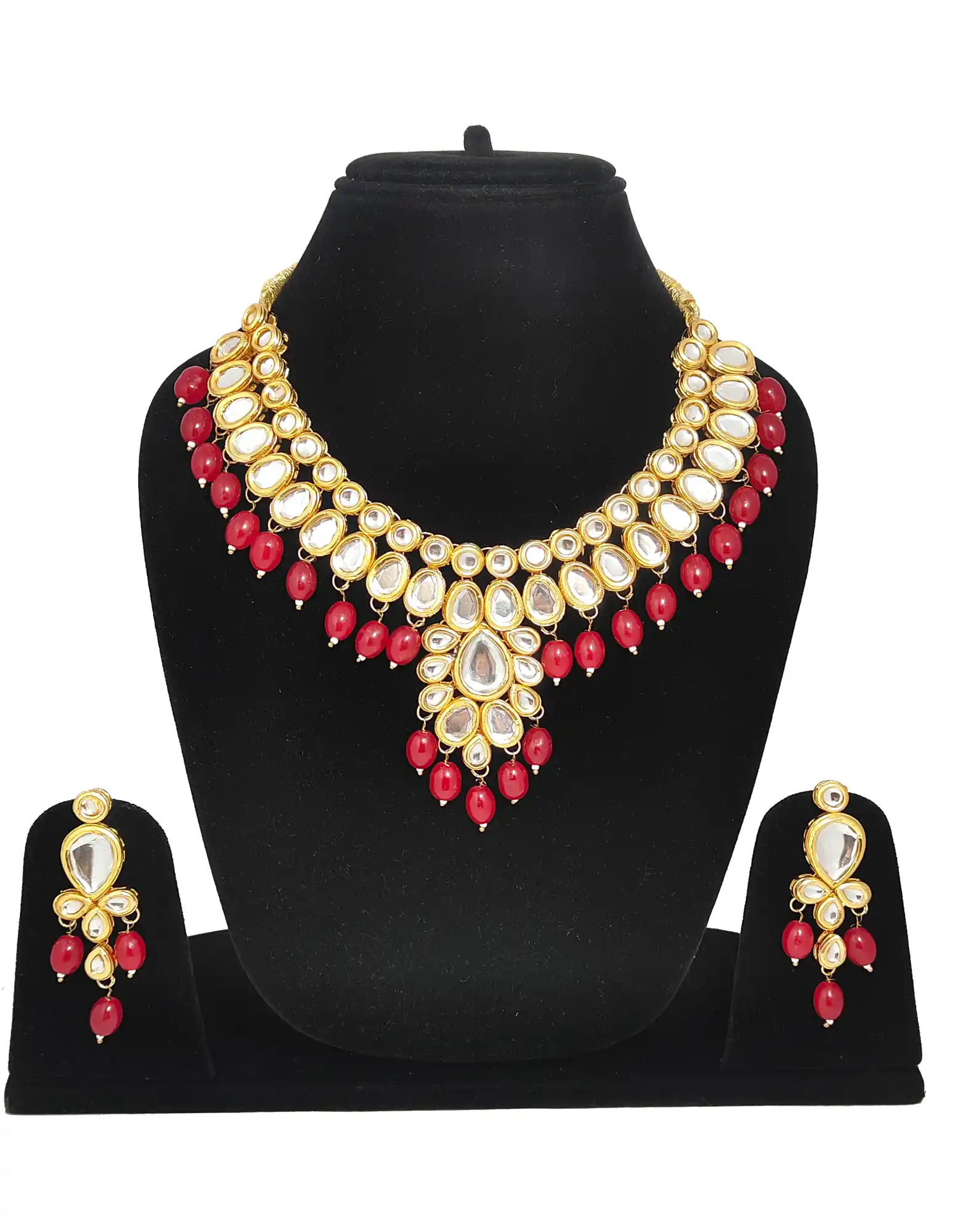 Kundan Red Beaded Meenakari Necklace Set - Front