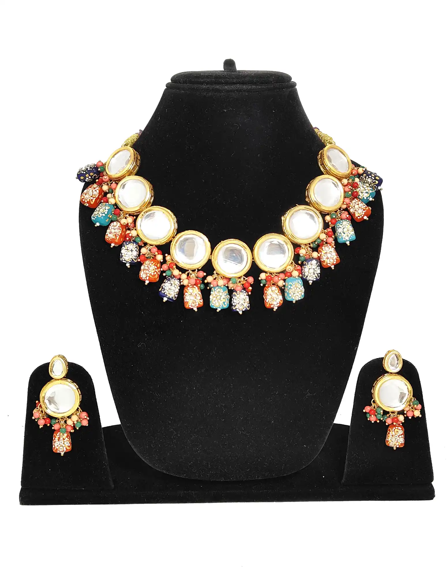 Multicolor Studded Beaded Kundan Necklace Set with