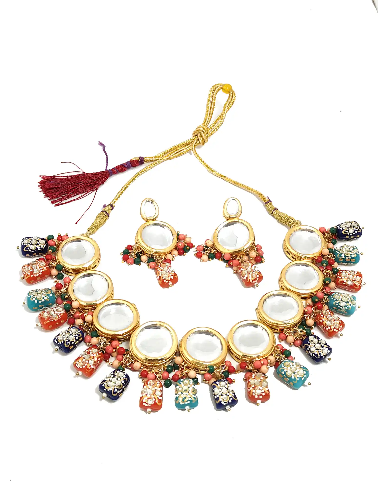 Multicolor Beaded Kundan Necklace Set - Main View