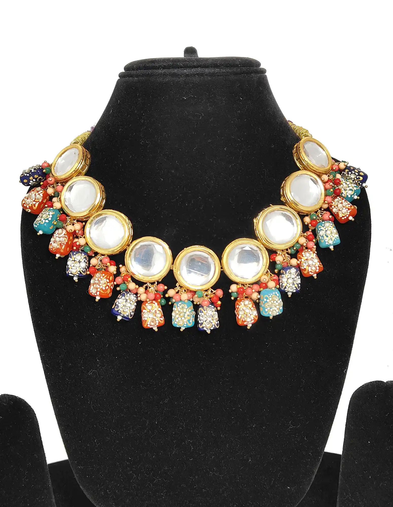 Front Multicolor Beaded Kundan Necklace Set - Multicolor Studded Beaded Kundan Necklace Set - Image 3