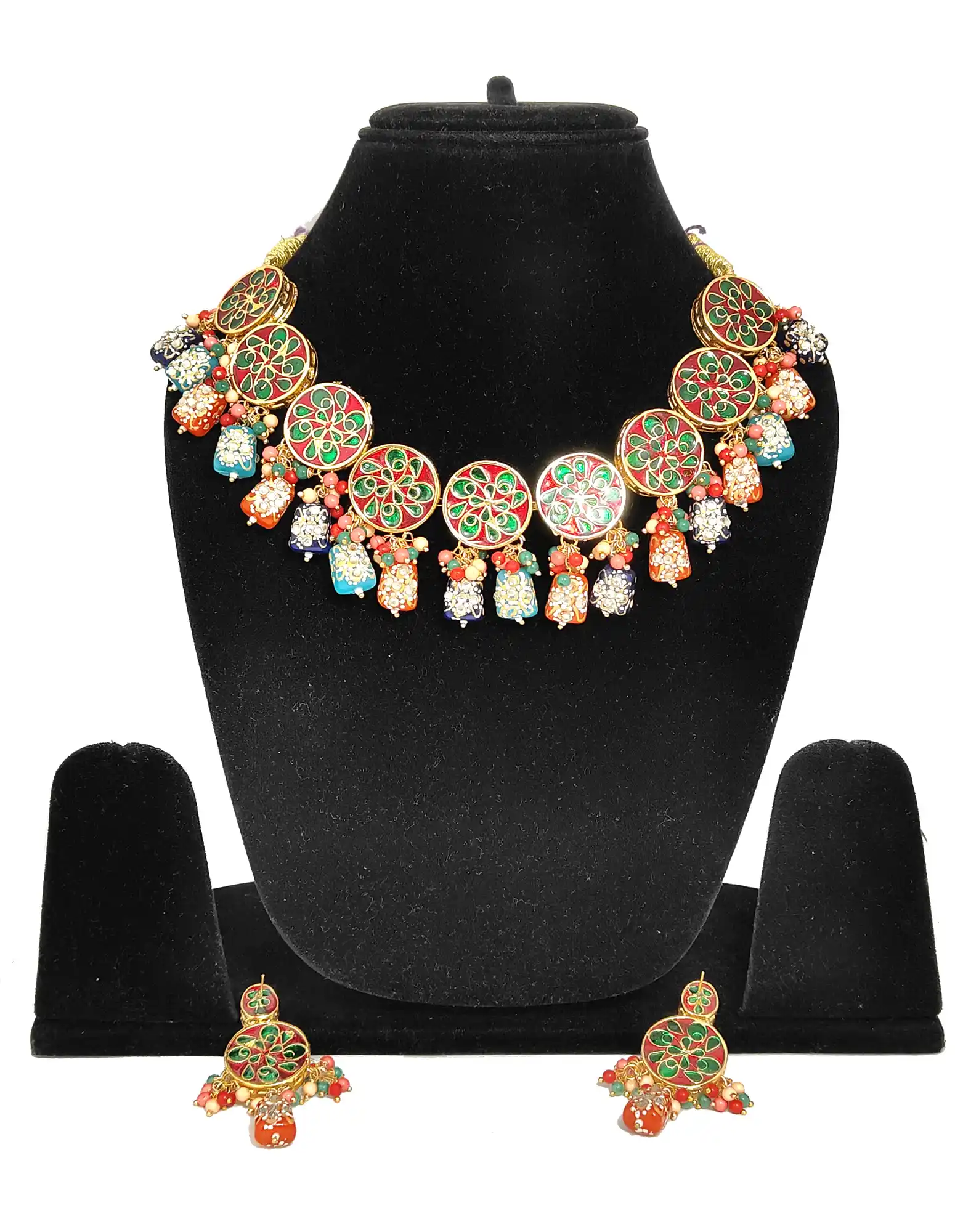 Back View Multicolor Beaded Kundan Necklace Set - Multicolor Studded Beaded Kundan Necklace Set - Image 4