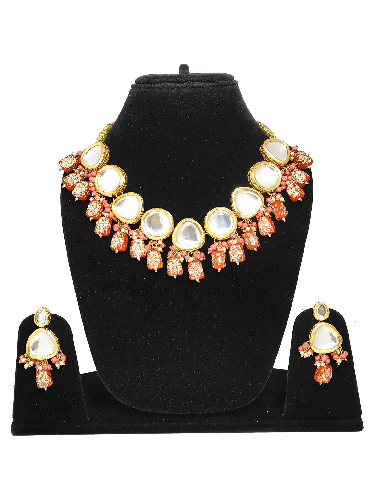 Orange Studded Beaded Kundan Necklace