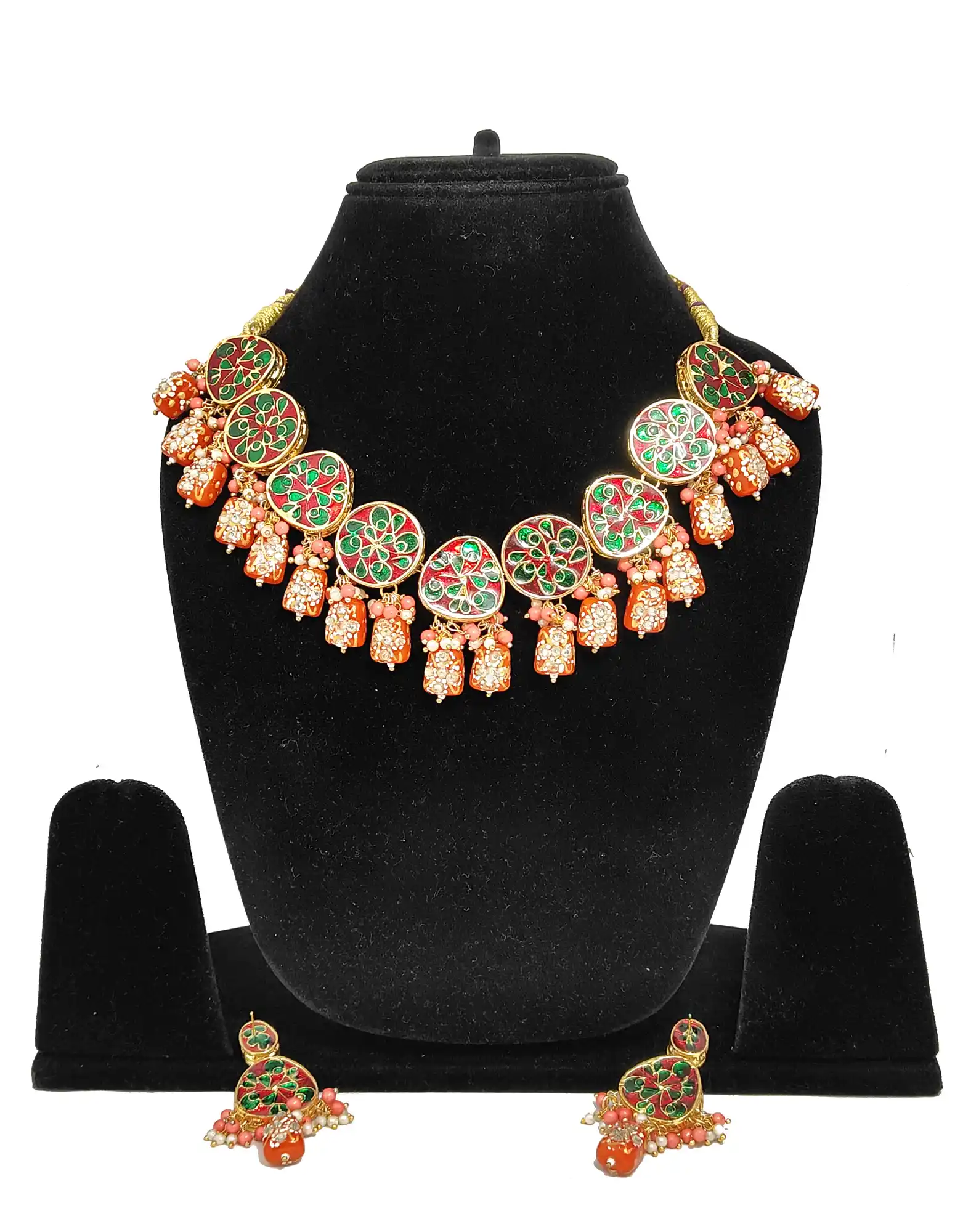 Back of Orange Studded Beaded Kundan Necklace