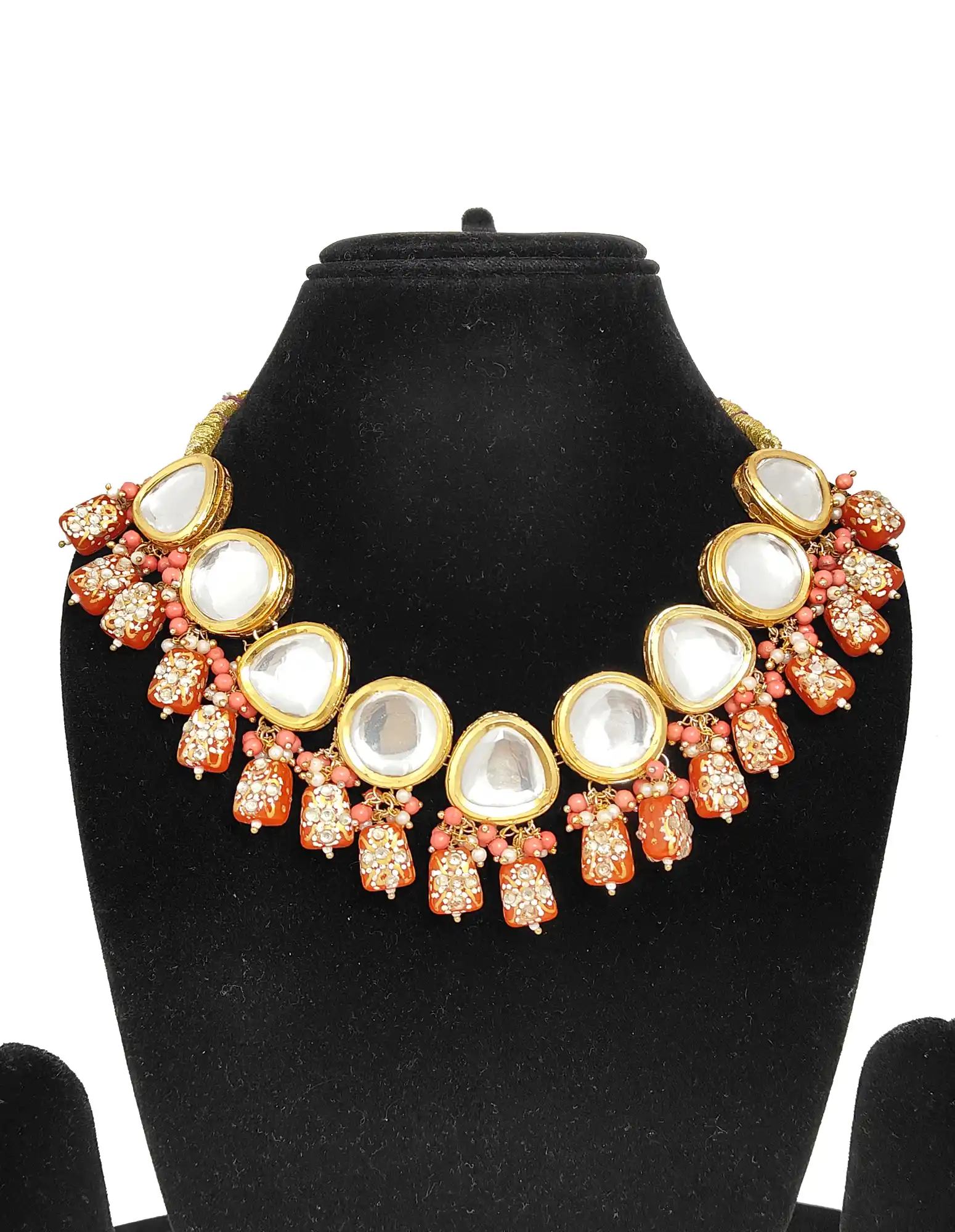 Front of Orange Studded Beaded Kundan Necklace - Pink Orange Studded Beaded Kundan Necklace - Image 3