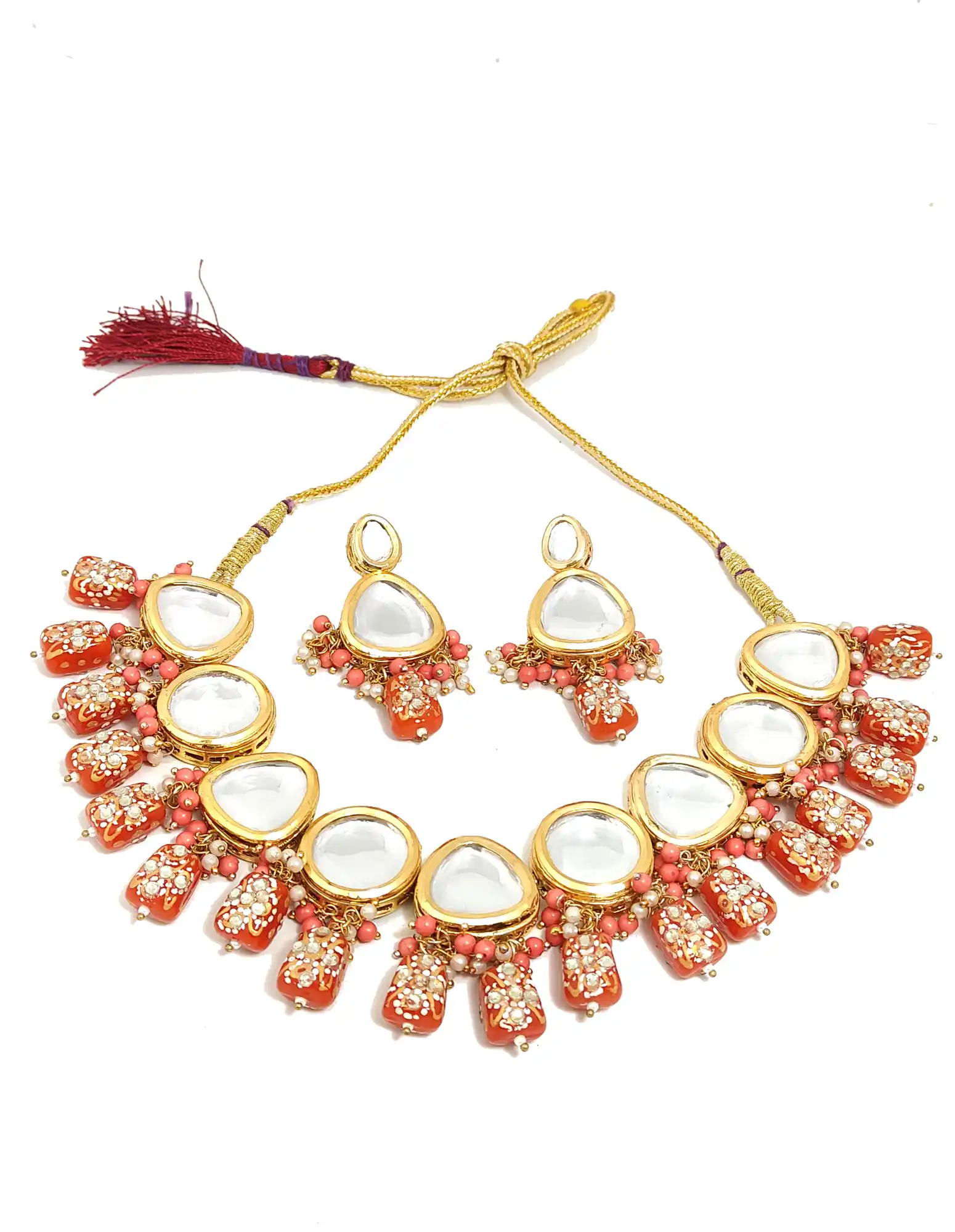 main Image Orange Studded Beaded Kundan Necklace - Pink Orange Studded Beaded Kundan Necklace - Image 4