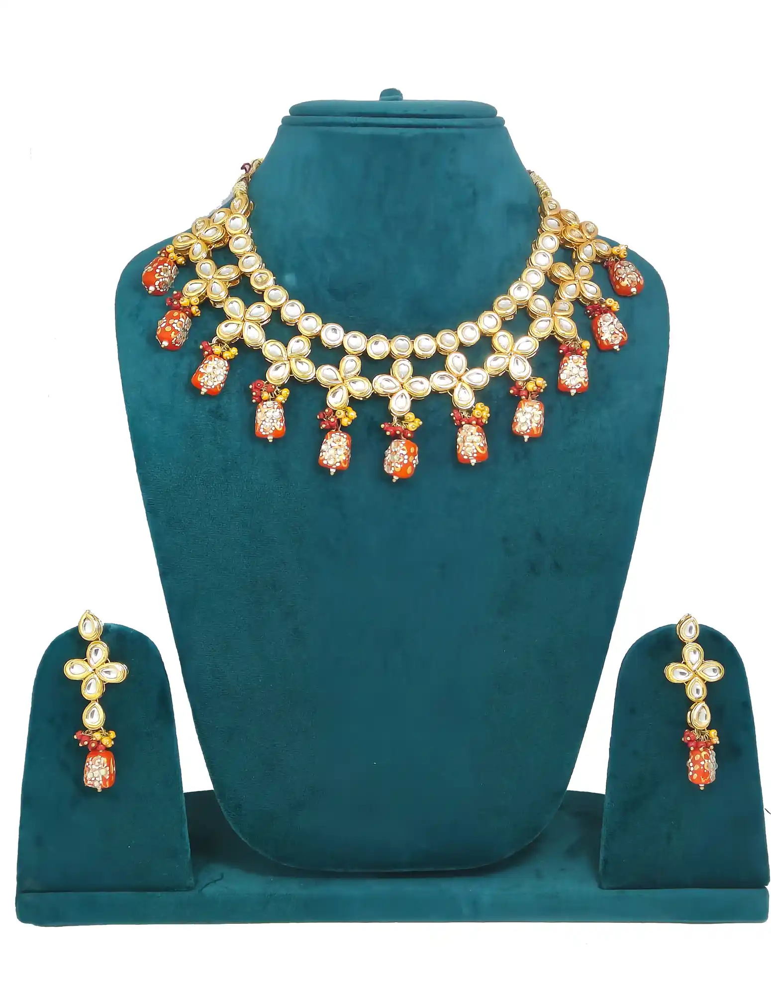 Orange Thuble Beaded Kundan Necklace Set - for jewellery making
