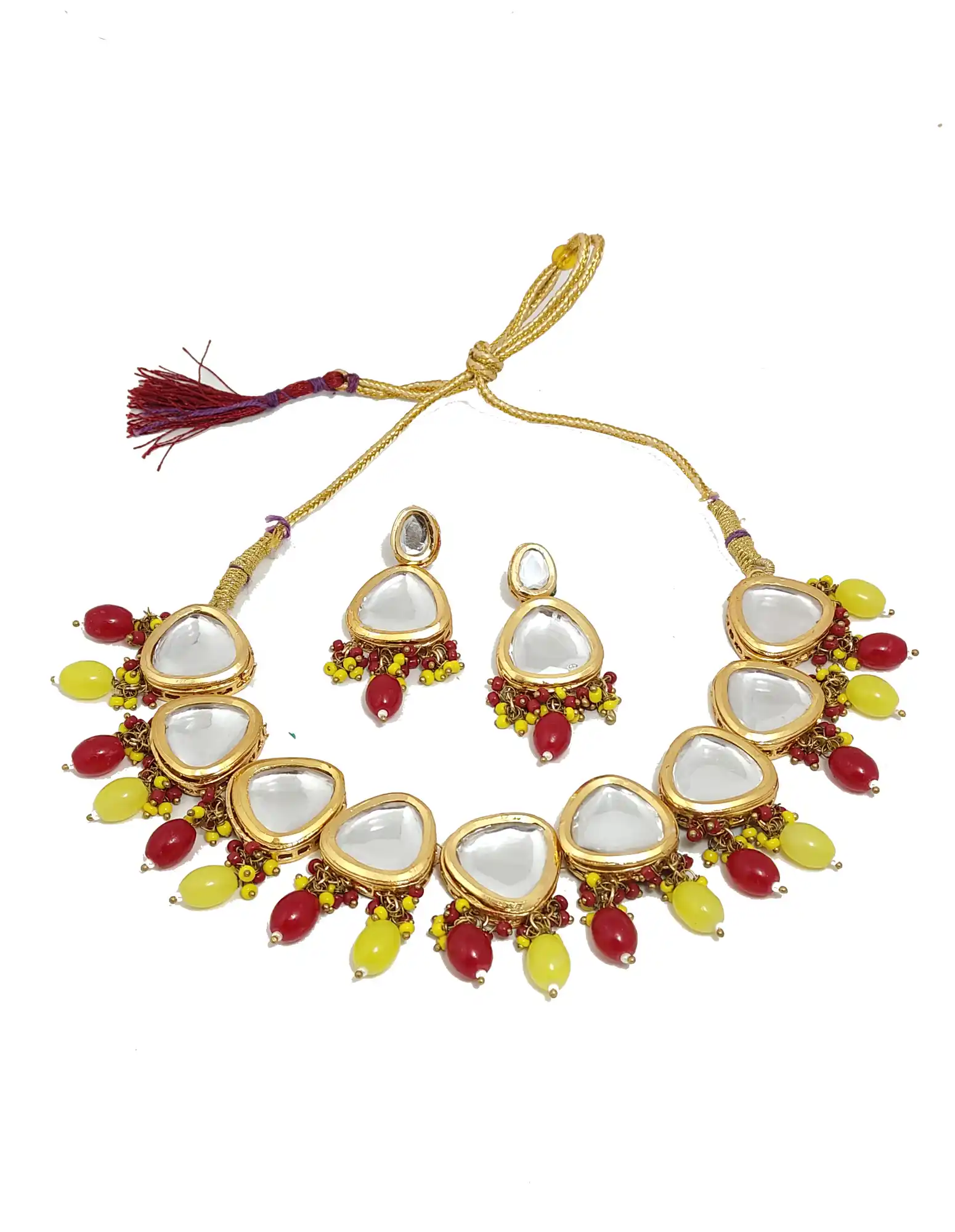 Main View of Red and Yellow Kundan Necklace - Multicolor Red and Yellow Kundan Necklace - Image 3