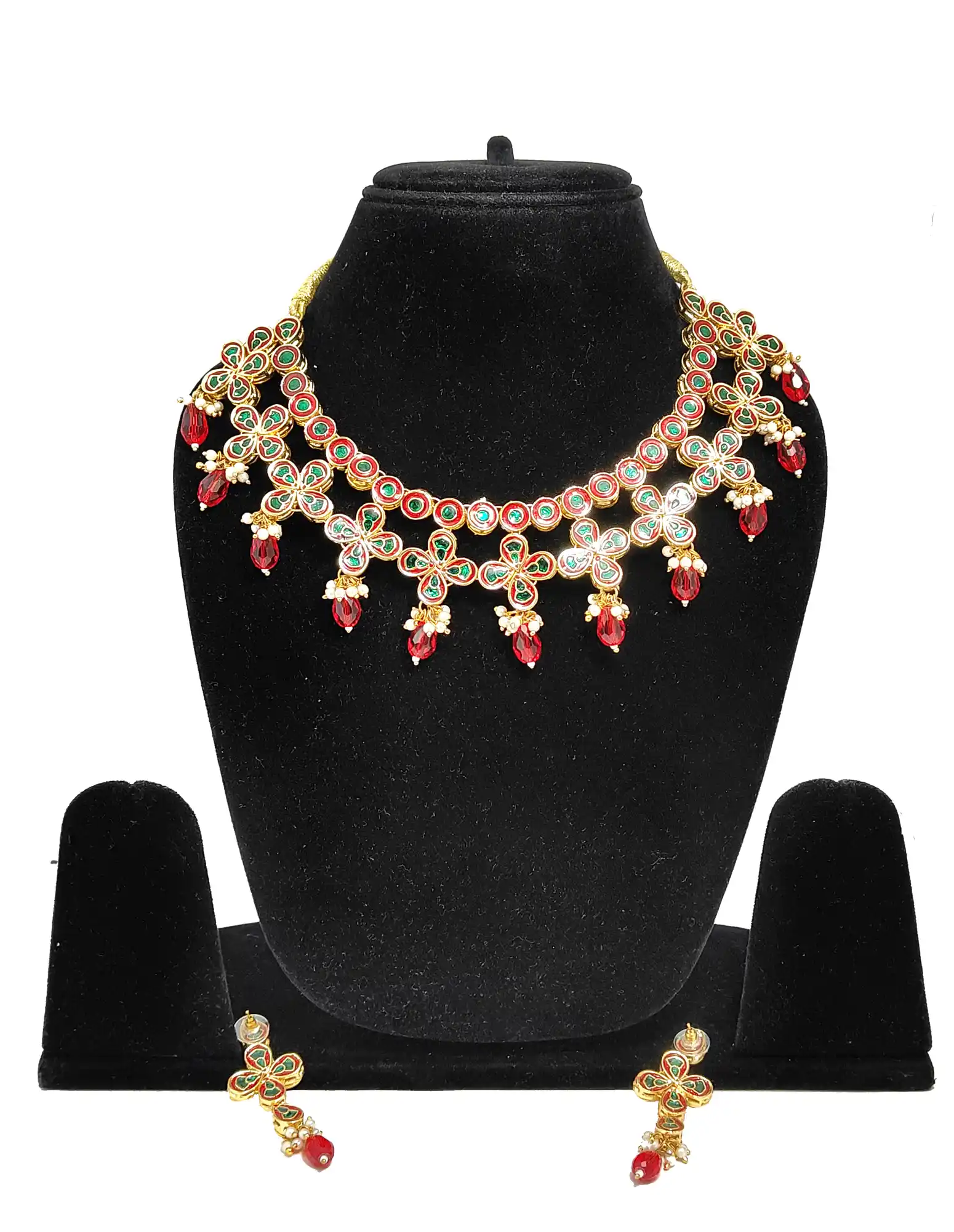 Red Crystal Meenaakri Kundan Necklace Set Back - Red Kundan Necklace Set - Image 3