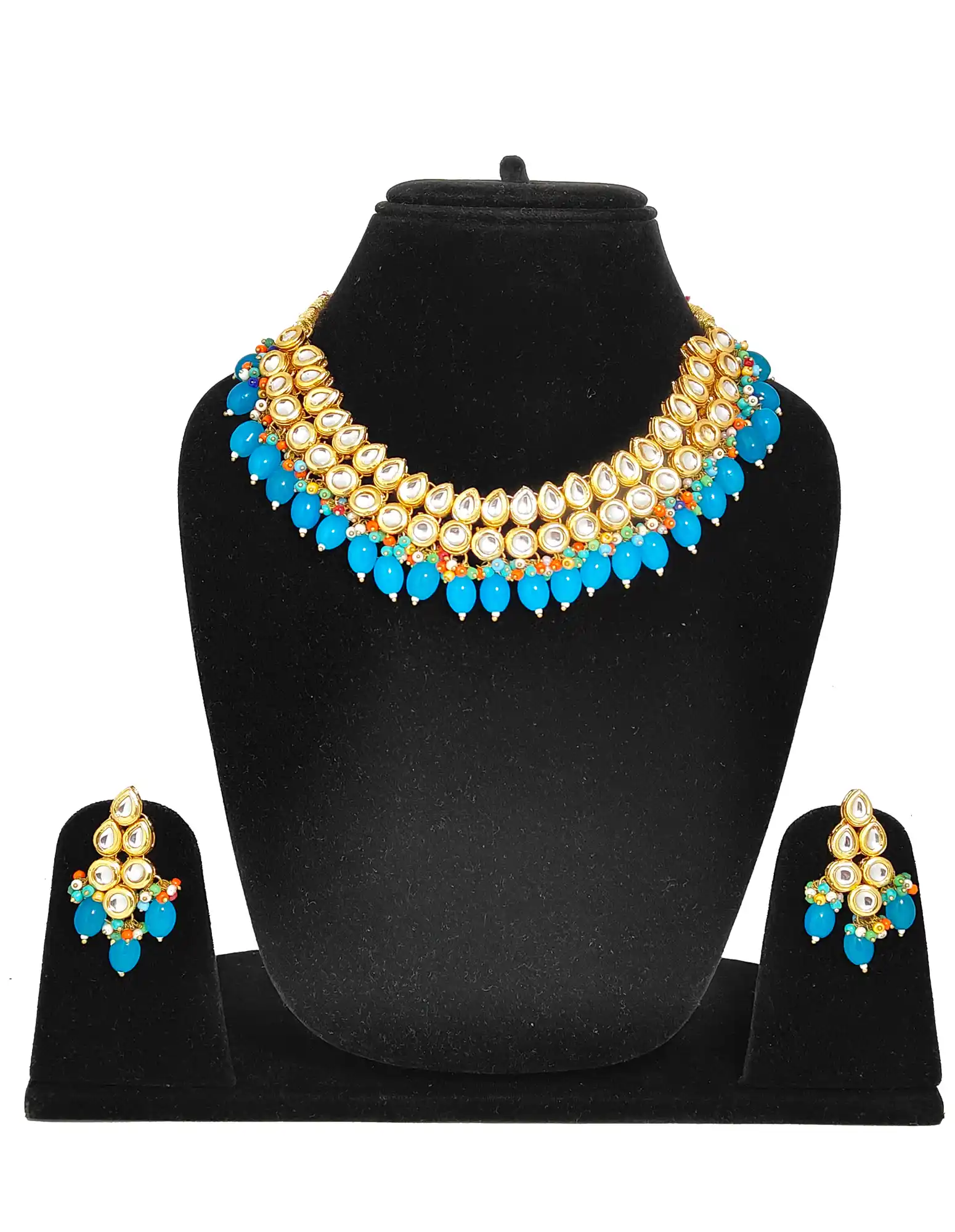 Gold Plated Dark Sky Blue Kundan Necklace Set - for jewellery making