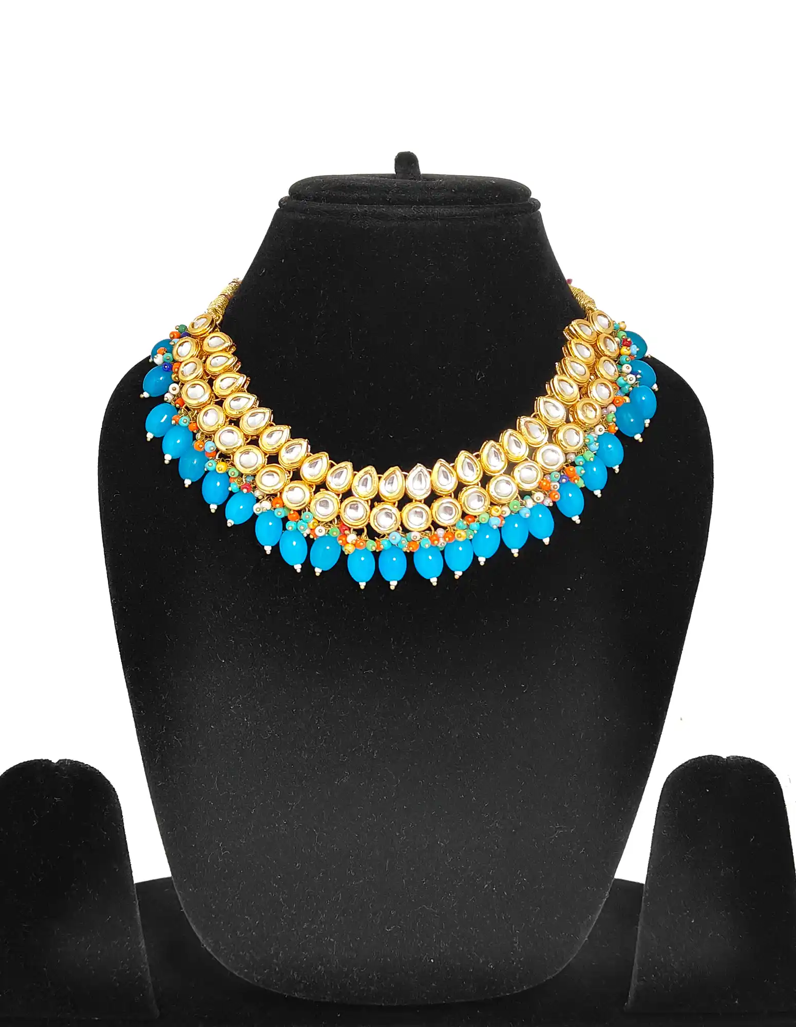 Dark Sky Blue Kundan Necklace Set Front - for jewellery making
