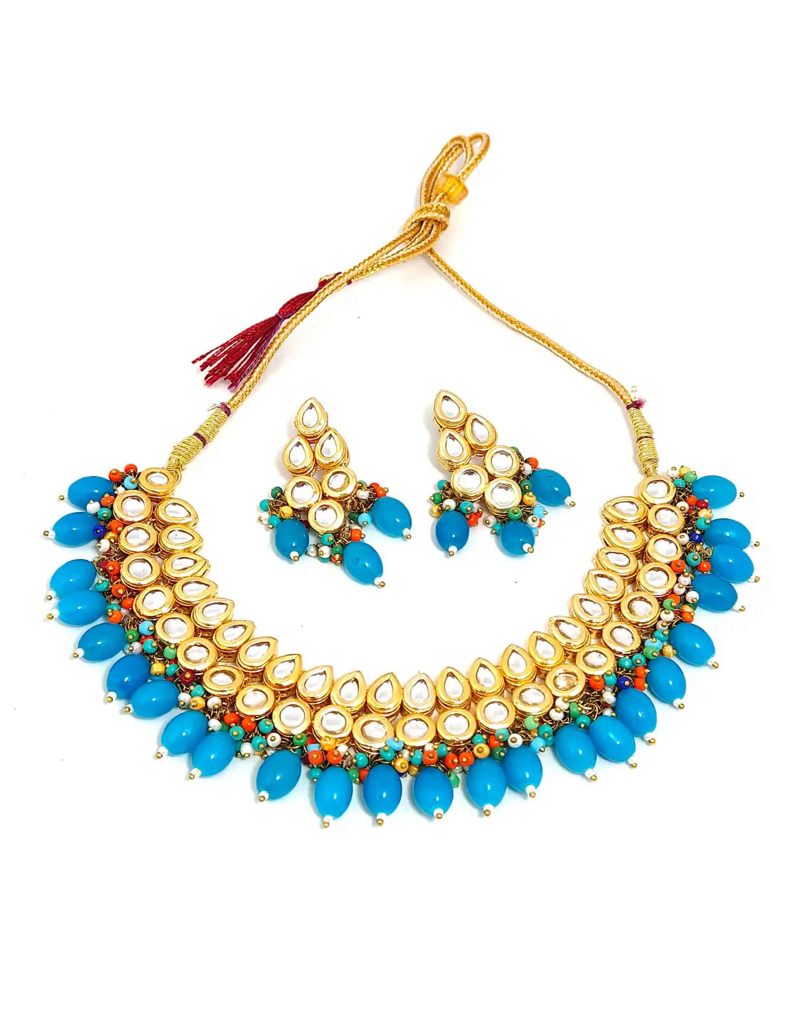 Main image Dark Sky Blue Kundan Necklace Set - Sky Blue Kundan Beaded Necklace Set - Image 4