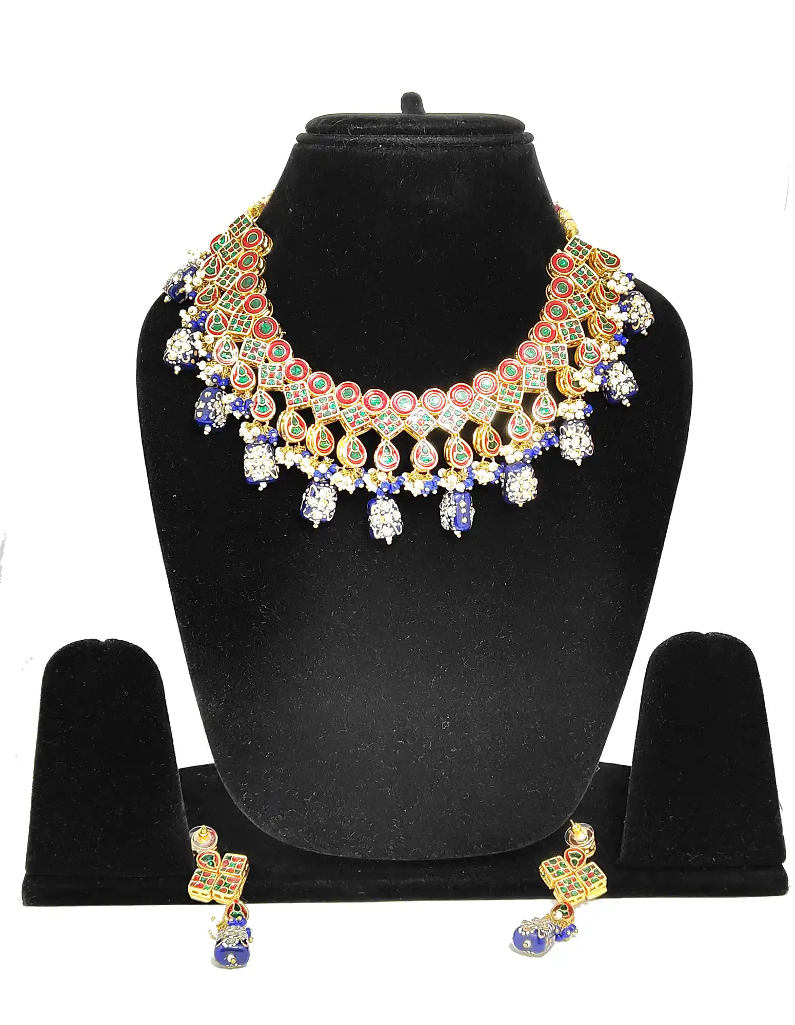 Back of Kundan Studded Three Layer Necklace Set - Blue Kundan Three Layer Necklace - Image 3
