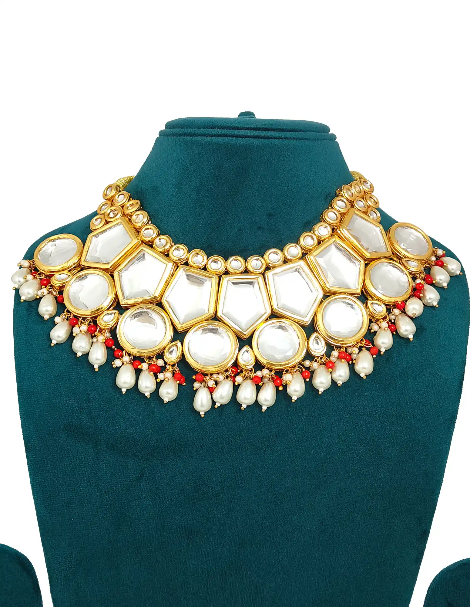 Main View of Whited Beaded Kundan Necklace Set - White White Beads Necklace - Image 3