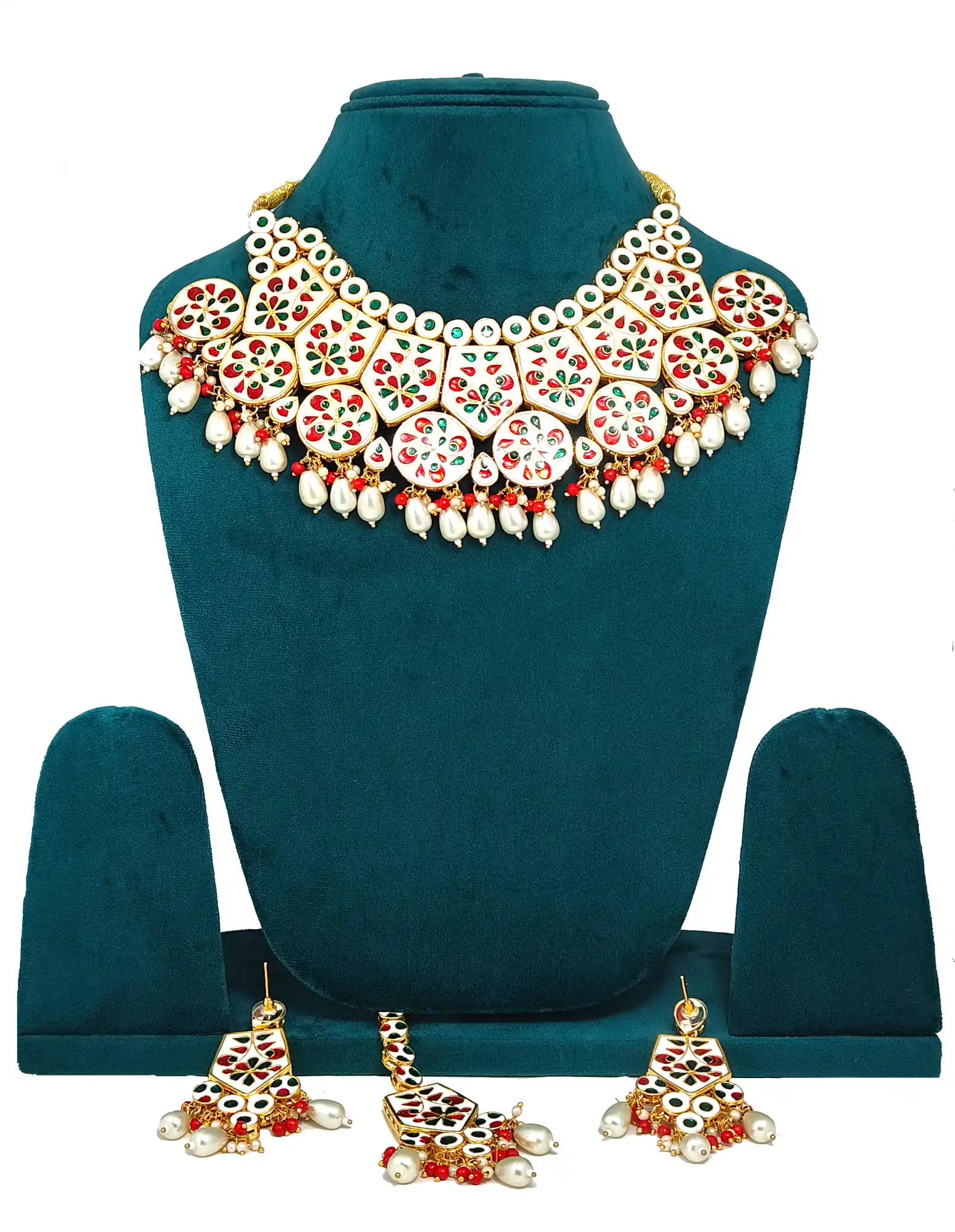 Back View of Whited Beaded Kundan Necklace Set - White White Beads Necklace - Image 4