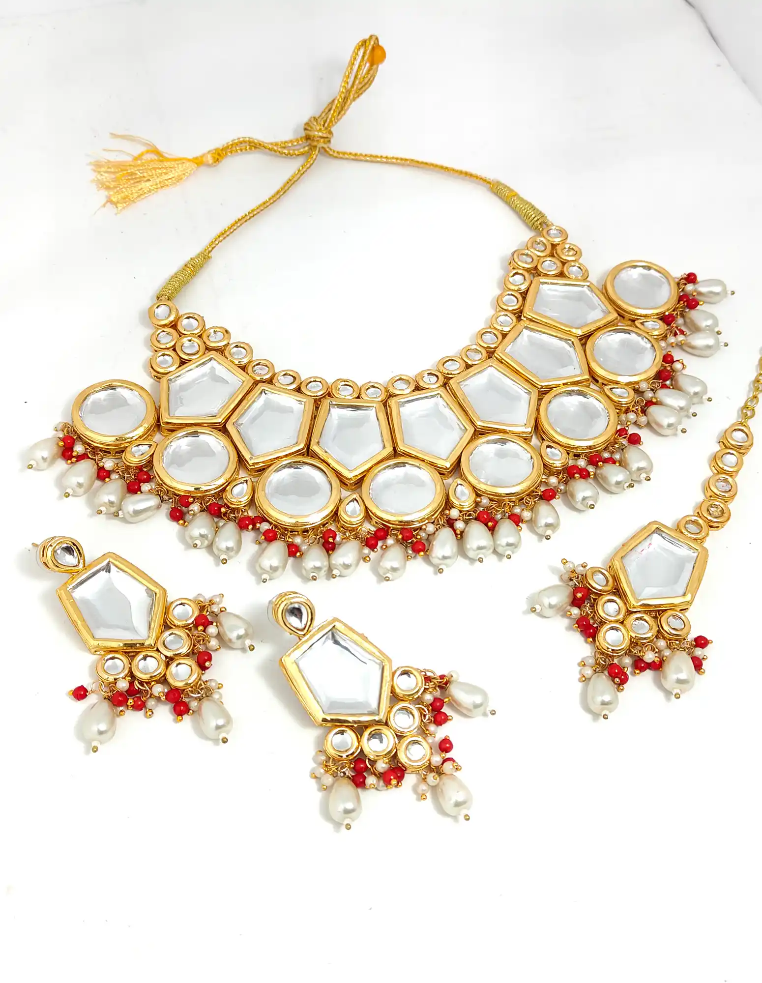Product of Whited Beaded Kundan Necklace Set - White White Beads Necklace - Image 5