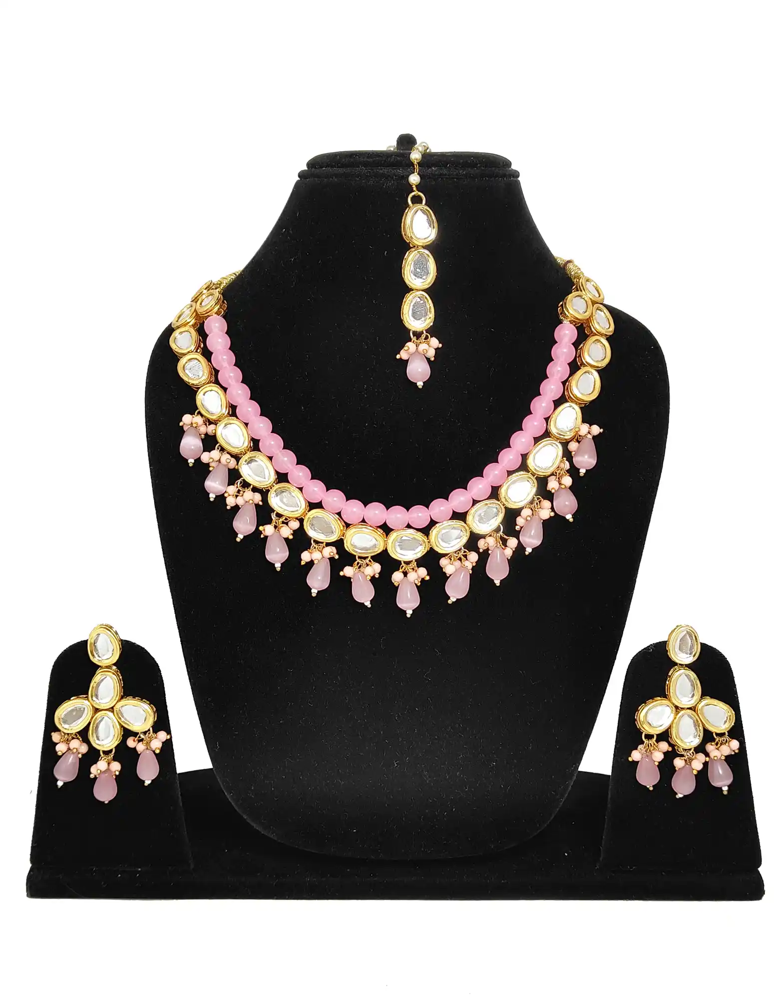 18K Gold Plated Kundan Pink Necklace Set