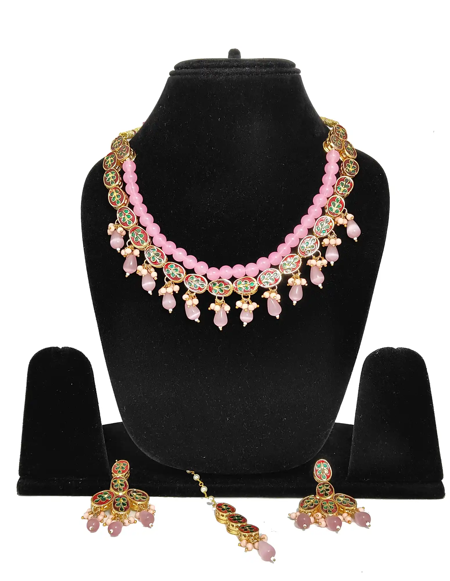 Back Necklace-Gold Plated Kundan Pink Necklace Set