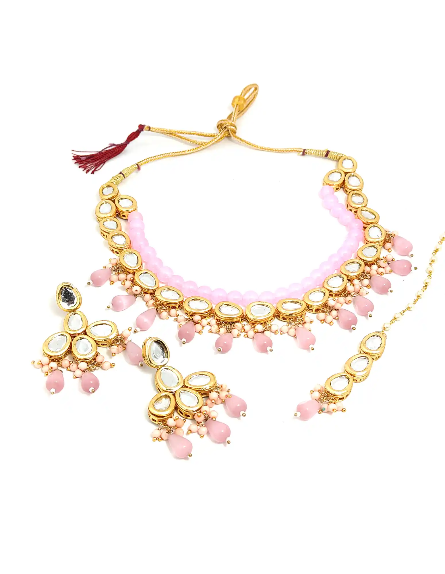 Front Necklace View - Kundan Pink Necklace Set - Pink Kundan Necklace Set - Image 3