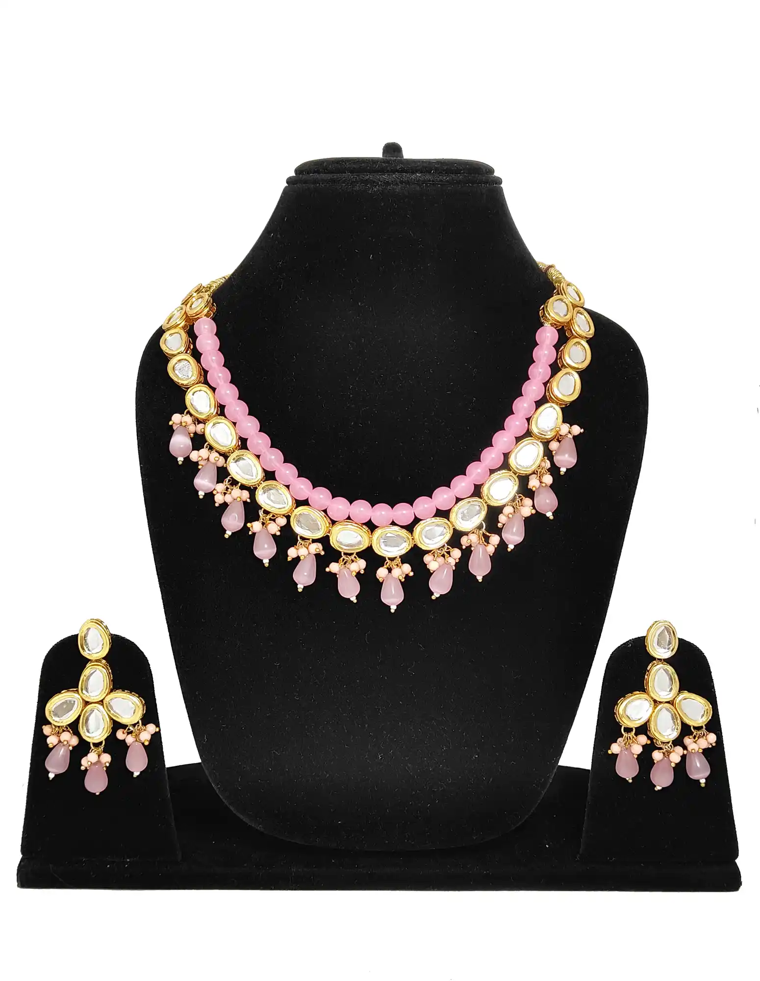 Main View of Gold Plated Kundan Pink Necklace Set - Pink Kundan Necklace Set - Image 4