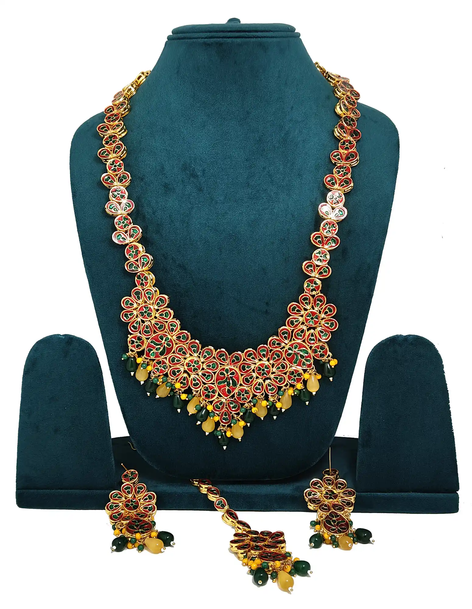 Front View of Kundan Bridal Necklace Set - Multicolor Kundan Bridal Set - Image 3