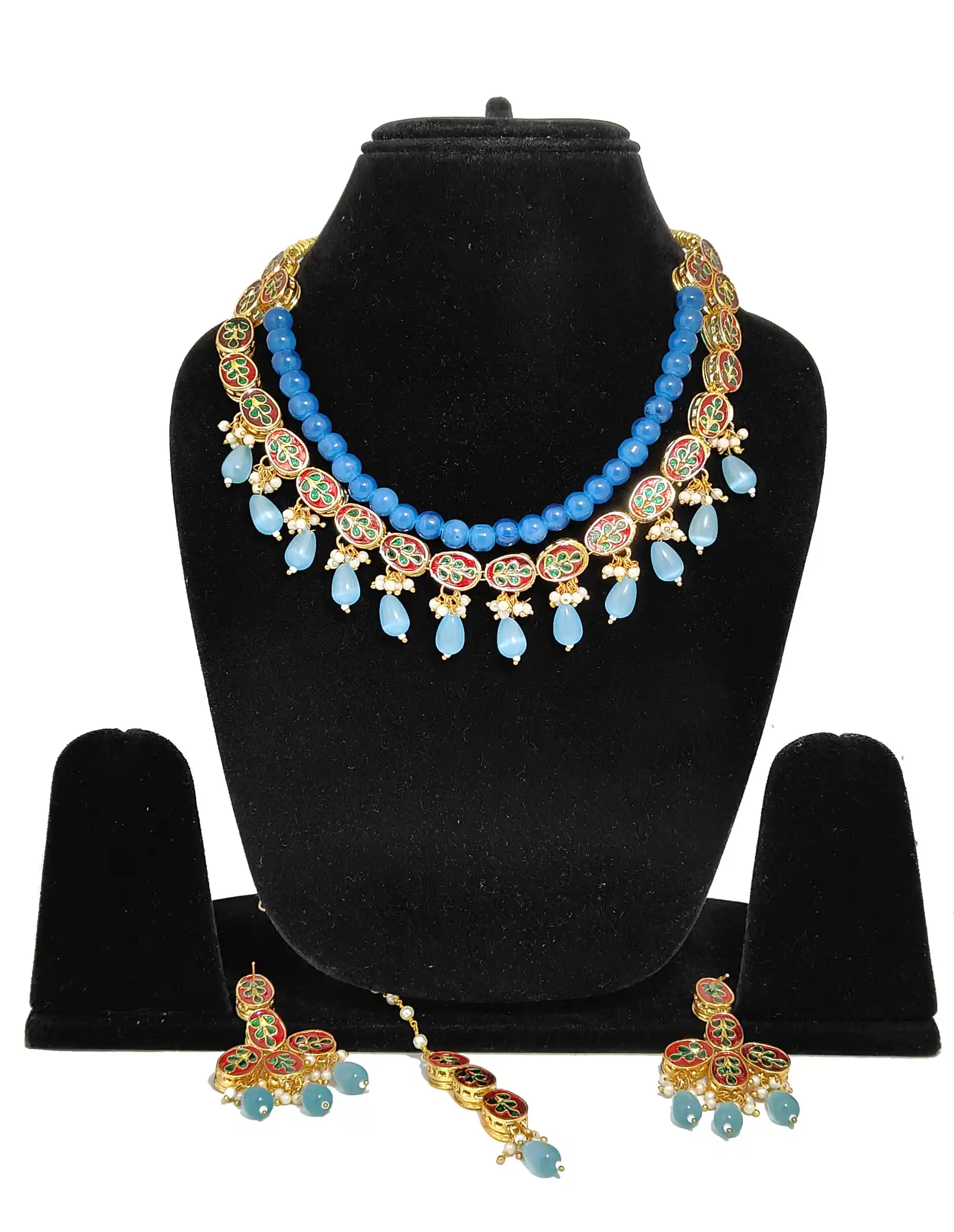 Back View of Sky Blue Pearl Kundan Set