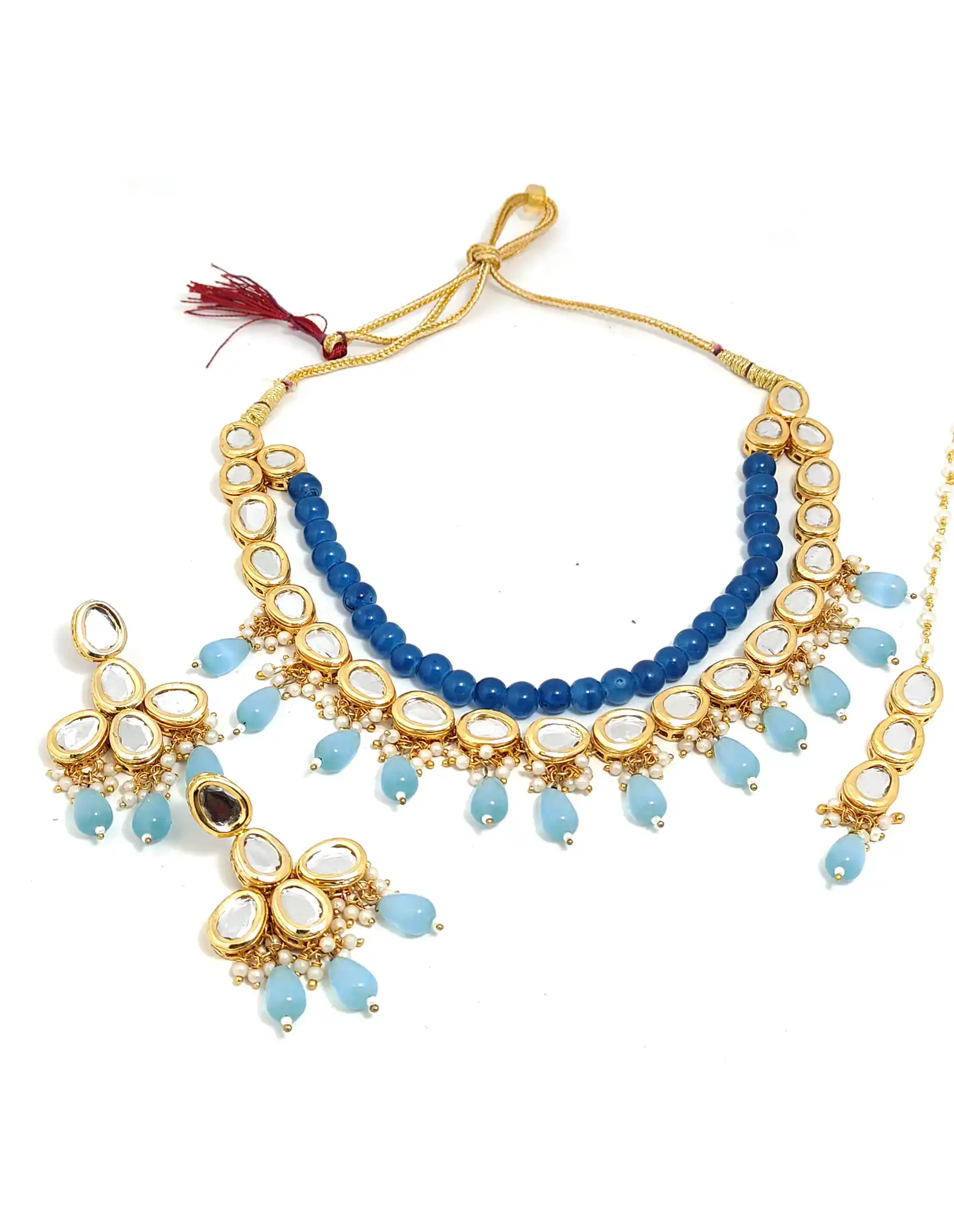 Front View of Sky Blue Pearl Kundan Set - Sky Blue Sky Blue Pearl Kundan Set - Image 3